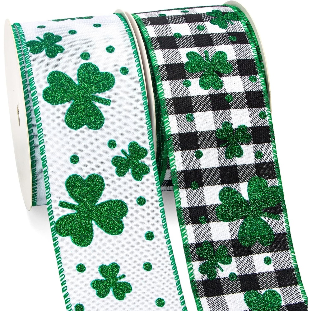 Ribbli St Patricks Day Ribbon Wired,2 Rolls Burlap Ribbon,Glitter Shamrock & Buffalo Plaid,2-1/2 Inch Total 60 Feets(20 Yards), Shamrock Ribbon for Big Bow,Wreath Decoration