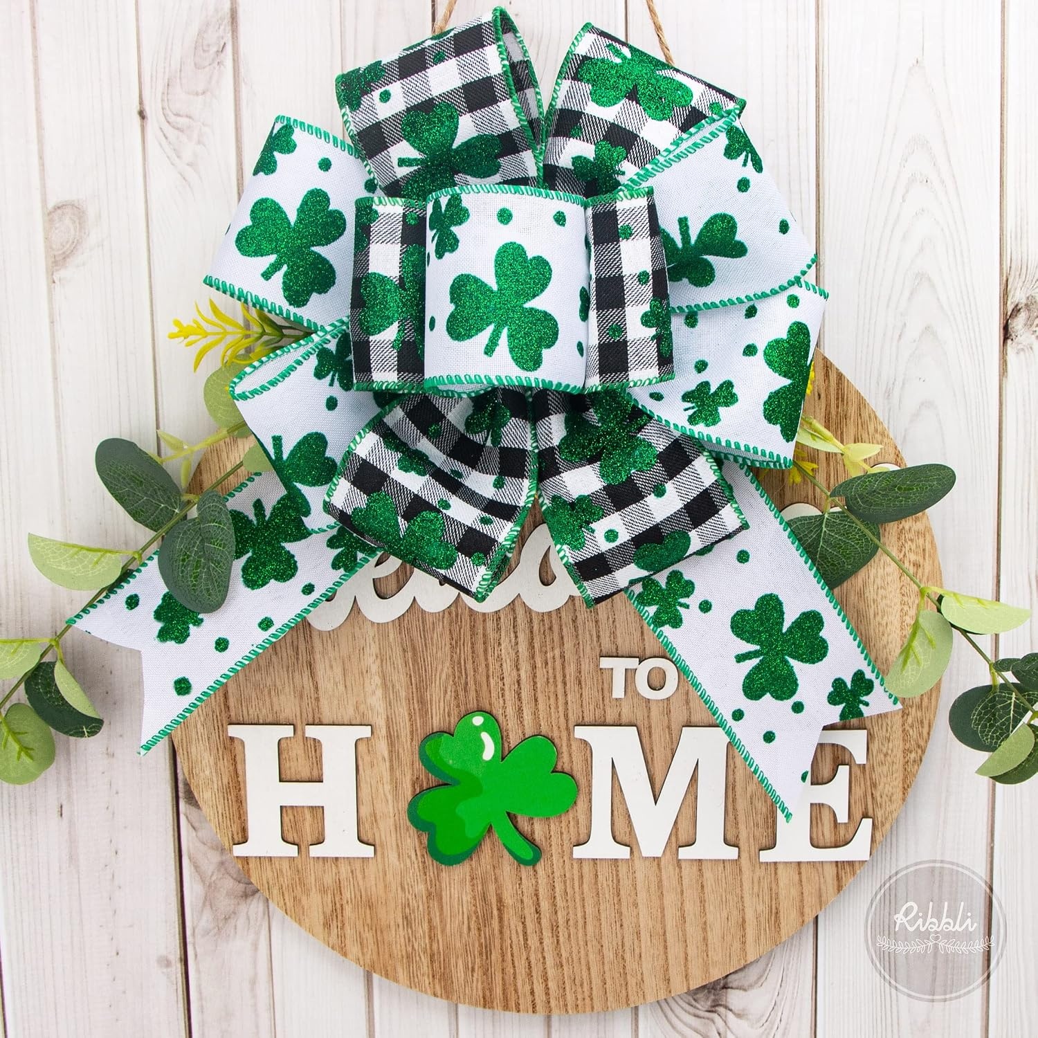 Ribbli St Patricks Day Ribbon Wired,2 Rolls Burlap Ribbon,Glitter Shamrock & Buffalo Plaid,2-1/2 Inch Total 60 Feets(20 Yards), Shamrock Ribbon for Big Bow,Wreath Decoration