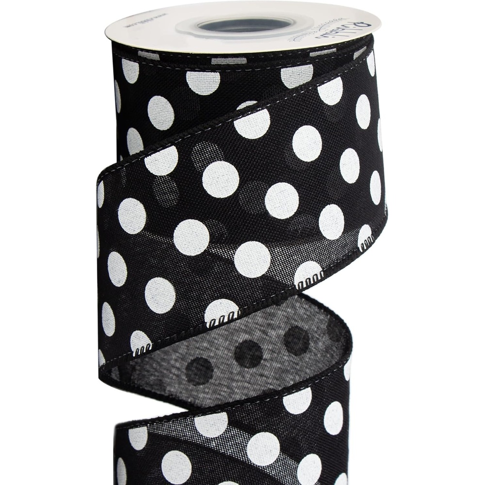 Ribbli Black and White Polka Dot Wired Burlap Ribbon,2-1/2 Inch x 10 Yard(Black/White)