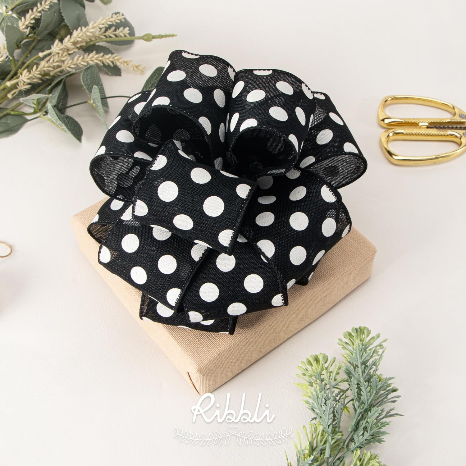 Ribbli Black and White Polka Dot Wired Burlap Ribbon,2-1/2 Inch x 10 Yard(Black/White)