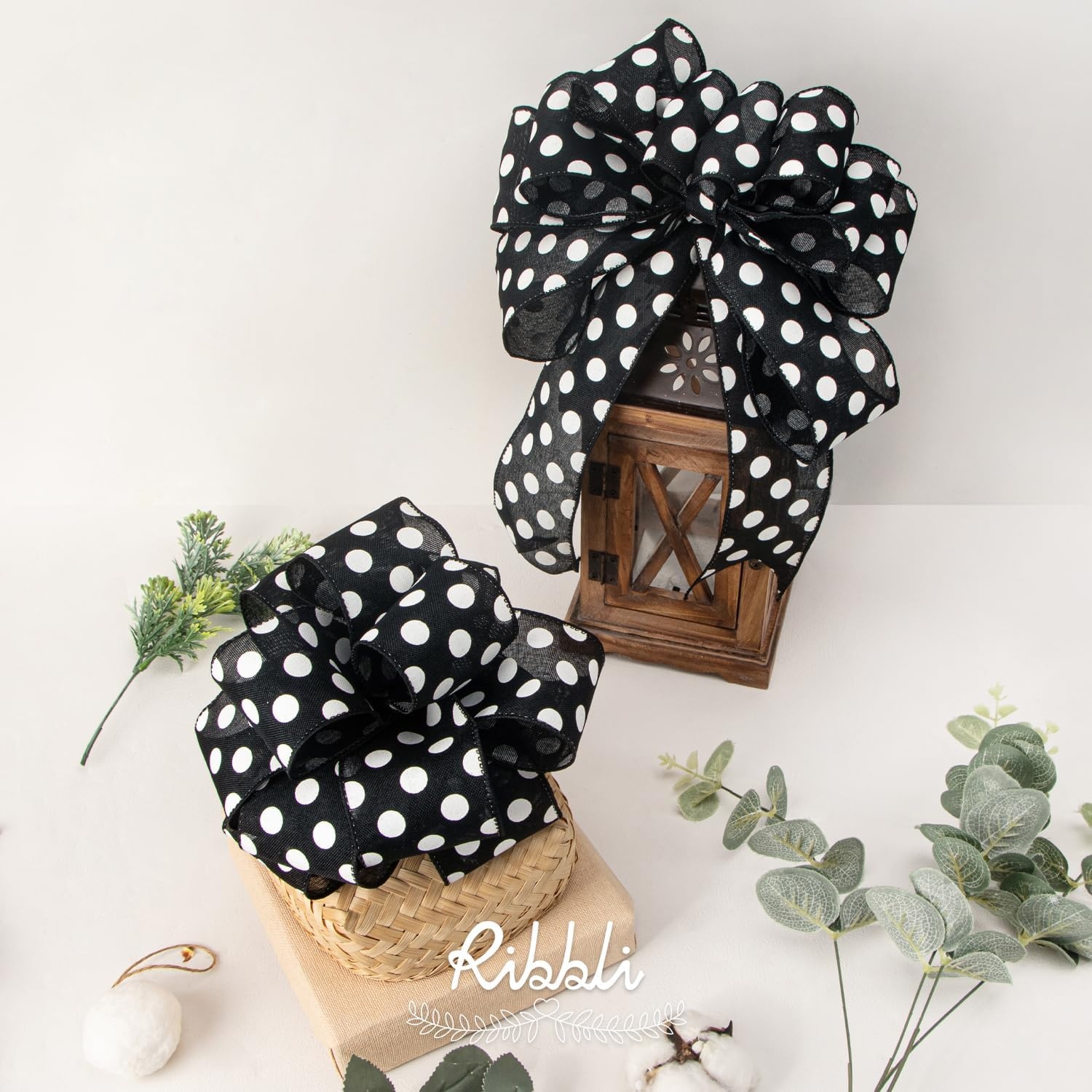 Ribbli Black and White Polka Dot Wired Burlap Ribbon,2-1/2 Inch x 10 Yard(Black/White)