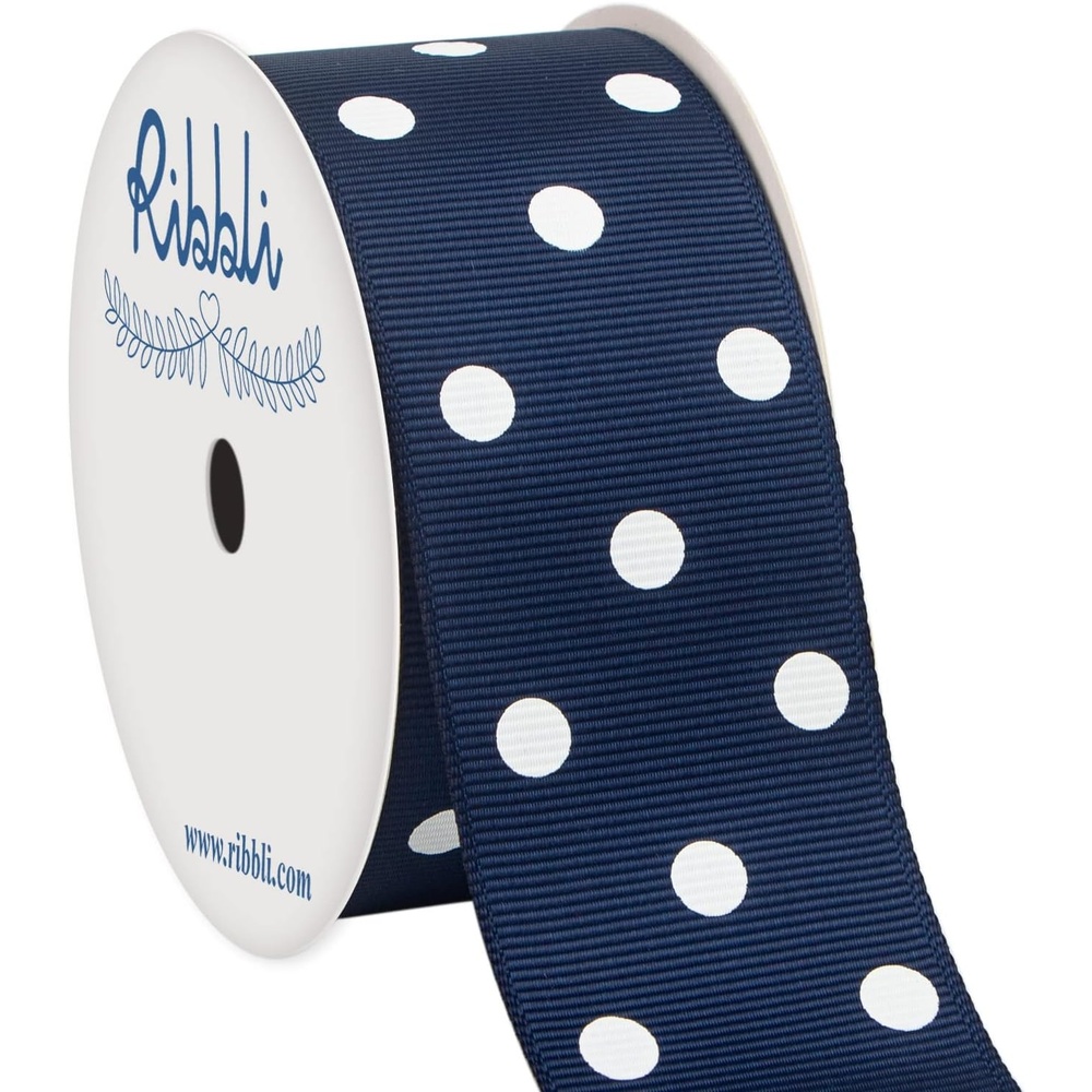 Ribbli Grosgrain Polka Dot Craft Ribbon,1-1/2 Inch,10-Yard Spool,Black with White Dots,Use for Hair Bows,Gift Wrapping,All Crafting and Sewing(Navy/White)