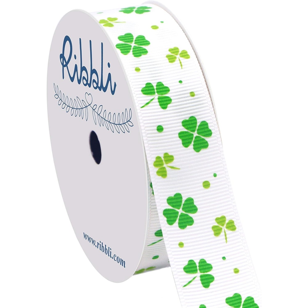 Ribbli Grosgrain Lucky Shamrock Craft Ribbon,7/8-Inch,10-Yard Spool, Green/White, Use for St. Patrick’s Day,Team Hair Bows,Wreath,Sport Lanyards,Gift Wrapping,Party Decoration,All Crafting and Sewing