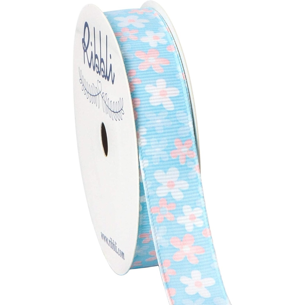 Ribbli Grosgrain Spring Floral Craft Ribbon,5/8 Inch,10-Yard Spool,Blue Topaz,Spring Ribbon,Use for Gift Wrapping,Party Decoration