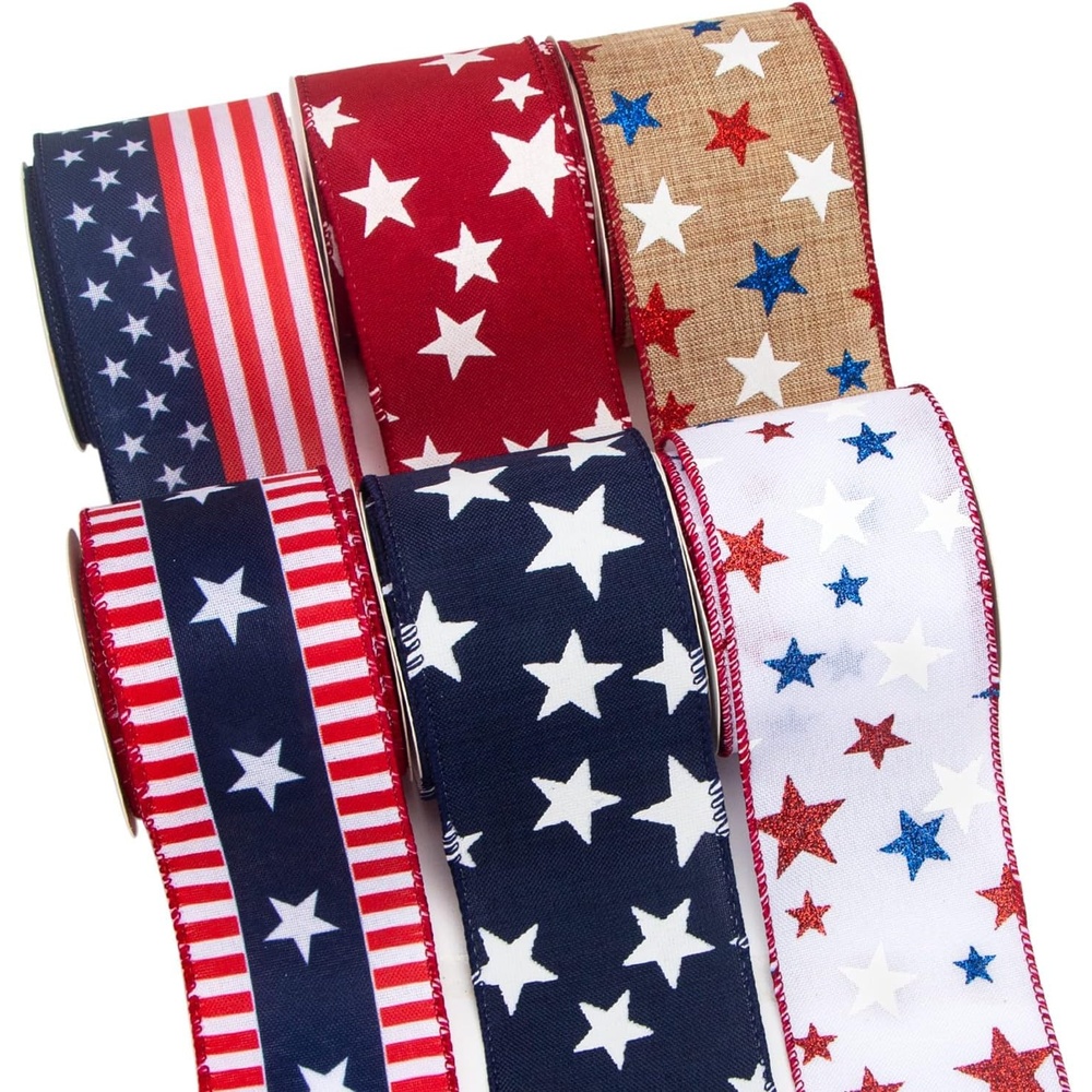 Ribbli Patriotic Wired Ribbon,6 Rolls Stars and Stripes/Navy and Red Star/Glitter Star Burlap Ribbon,2-1/2 Inch Total 90 Feets(30 Yards) Patriotic Ribbon for Crafts,Wreath,4th of July Ribbon
