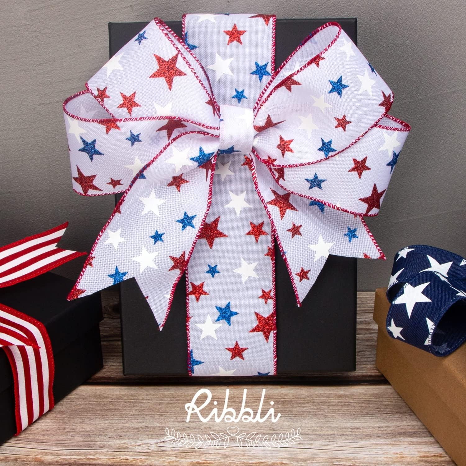 Ribbli Patriotic Wired Ribbon,6 Rolls Stars and Stripes/Navy and Red Star/Glitter Star Burlap Ribbon,2-1/2 Inch Total 90 Feets(30 Yards) Patriotic Ribbon for Crafts,Wreath,4th of July Ribbon