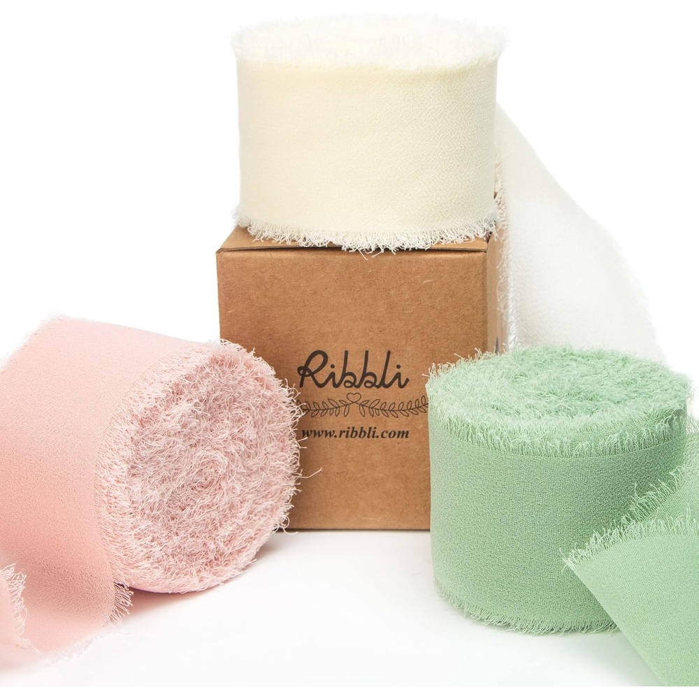 Ribbli Chiffon Silk Ribbon, 1.5 inch x 30 Yard, Champagne/Terracotta/Rust Red Fringe Chiffon Fall Ribbon for Wedding Invitations, Bridal Bouquets Wrapping, Flower Arrangement Decoration(Ivory/Blush Pink/Sage Green)