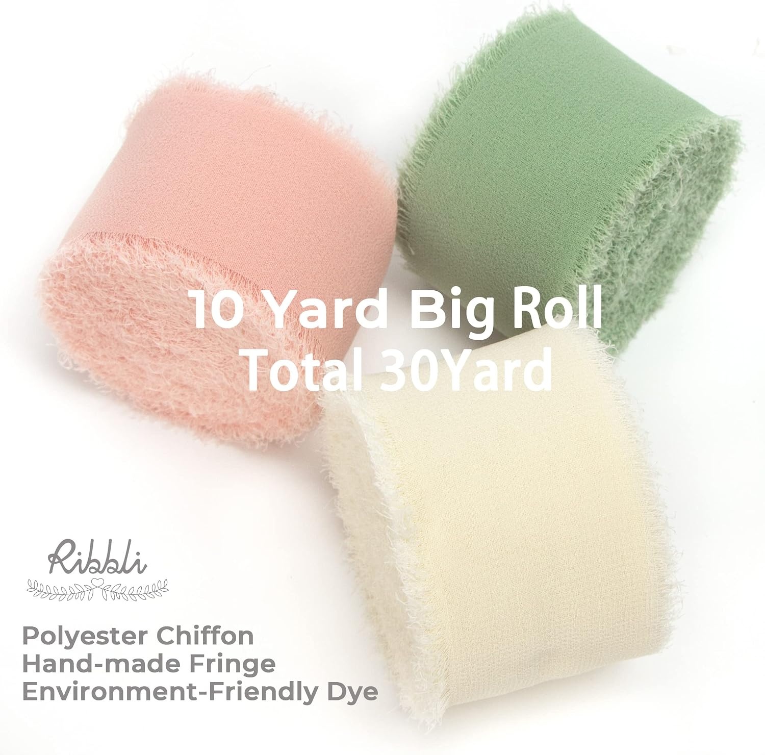 Ribbli Chiffon Silk Ribbon, 1.5 inch x 30 Yard, Champagne/Terracotta/Rust Red Fringe Chiffon Fall Ribbon for Wedding Invitations, Bridal Bouquets Wrapping, Flower Arrangement Decoration(Ivory/Blush Pink/Sage Green)