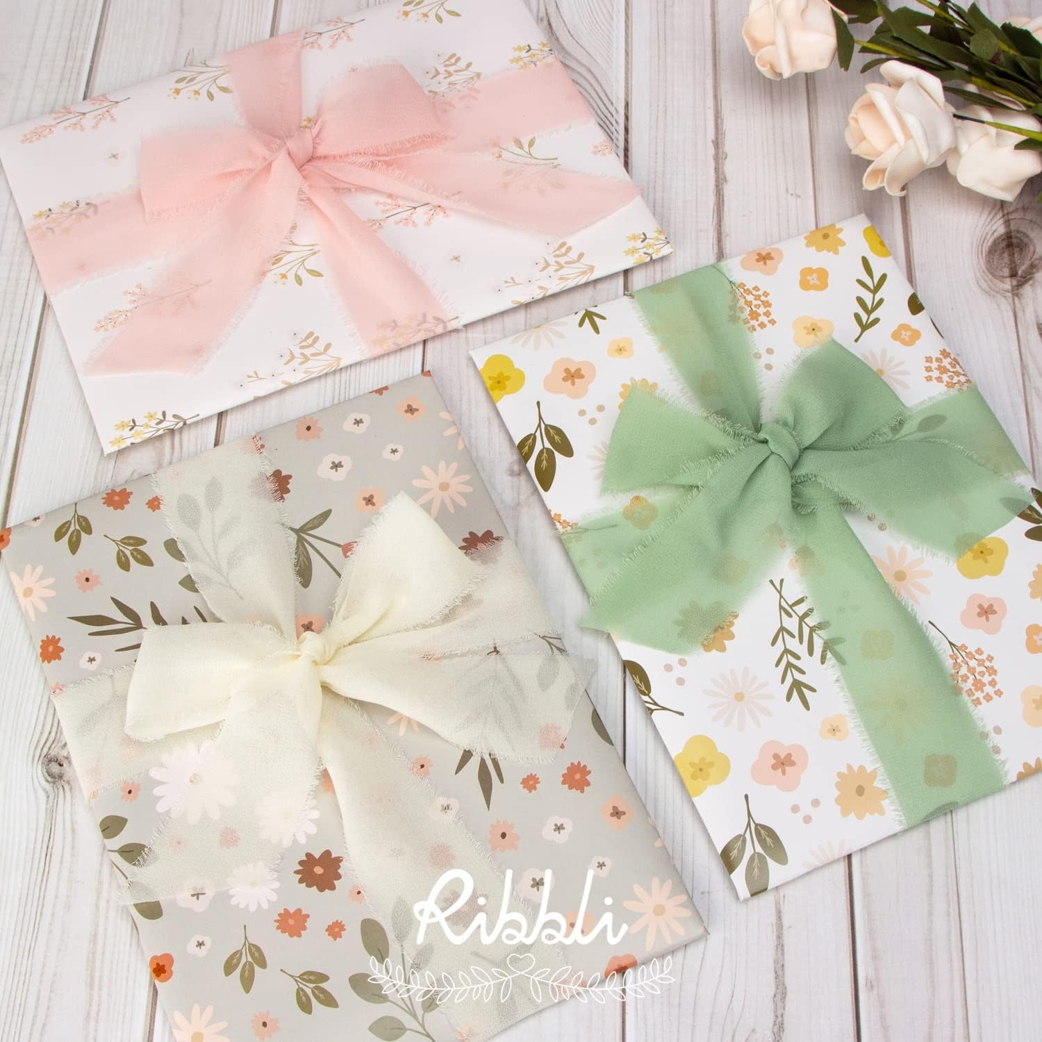 Ribbli Chiffon Silk Ribbon, 1.5 inch x 30 Yard, Champagne/Terracotta/Rust Red Fringe Chiffon Fall Ribbon for Wedding Invitations, Bridal Bouquets Wrapping, Flower Arrangement Decoration(Ivory/Blush Pink/Sage Green)