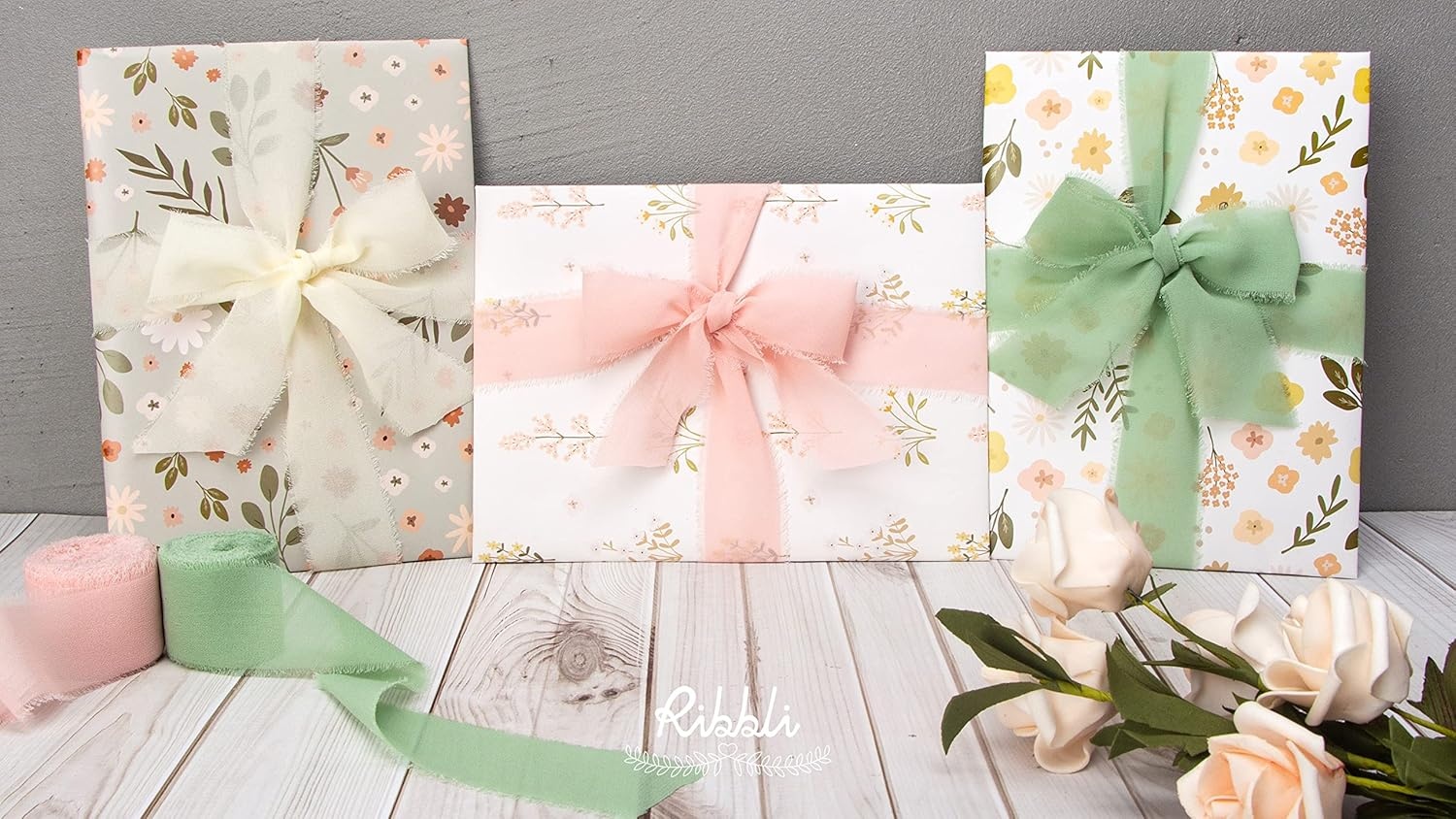 Ribbli Chiffon Silk Ribbon, 1.5 inch x 30 Yard, Champagne/Terracotta/Rust Red Fringe Chiffon Fall Ribbon for Wedding Invitations, Bridal Bouquets Wrapping, Flower Arrangement Decoration(Ivory/Blush Pink/Sage Green)