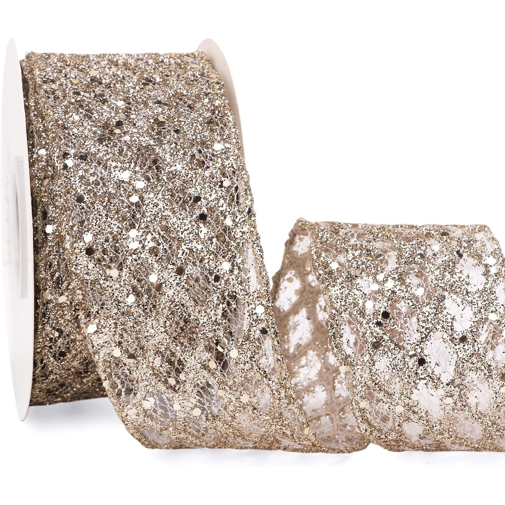 Ribbli White Glitter Wired Ribbon for Christmas Tree Diamond Sparkling 4 Inch x 10 Yard Christmas Wired Ribbon for Crafts Wreath Garland Supplies(Champagne Gold)