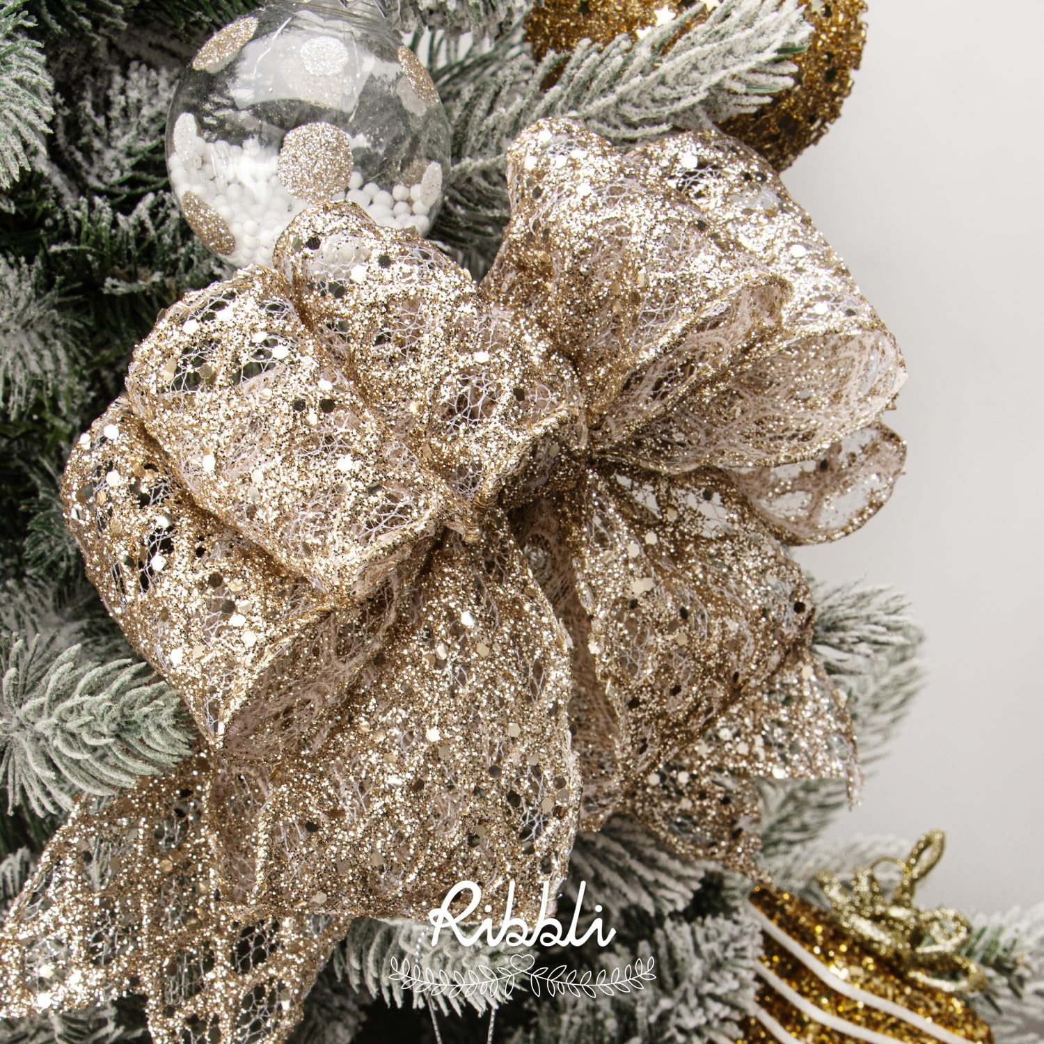 Ribbli White Glitter Wired Ribbon for Christmas Tree Diamond Sparkling 4 Inch x 10 Yard Christmas Wired Ribbon for Crafts Wreath Garland Supplies(Champagne Gold)