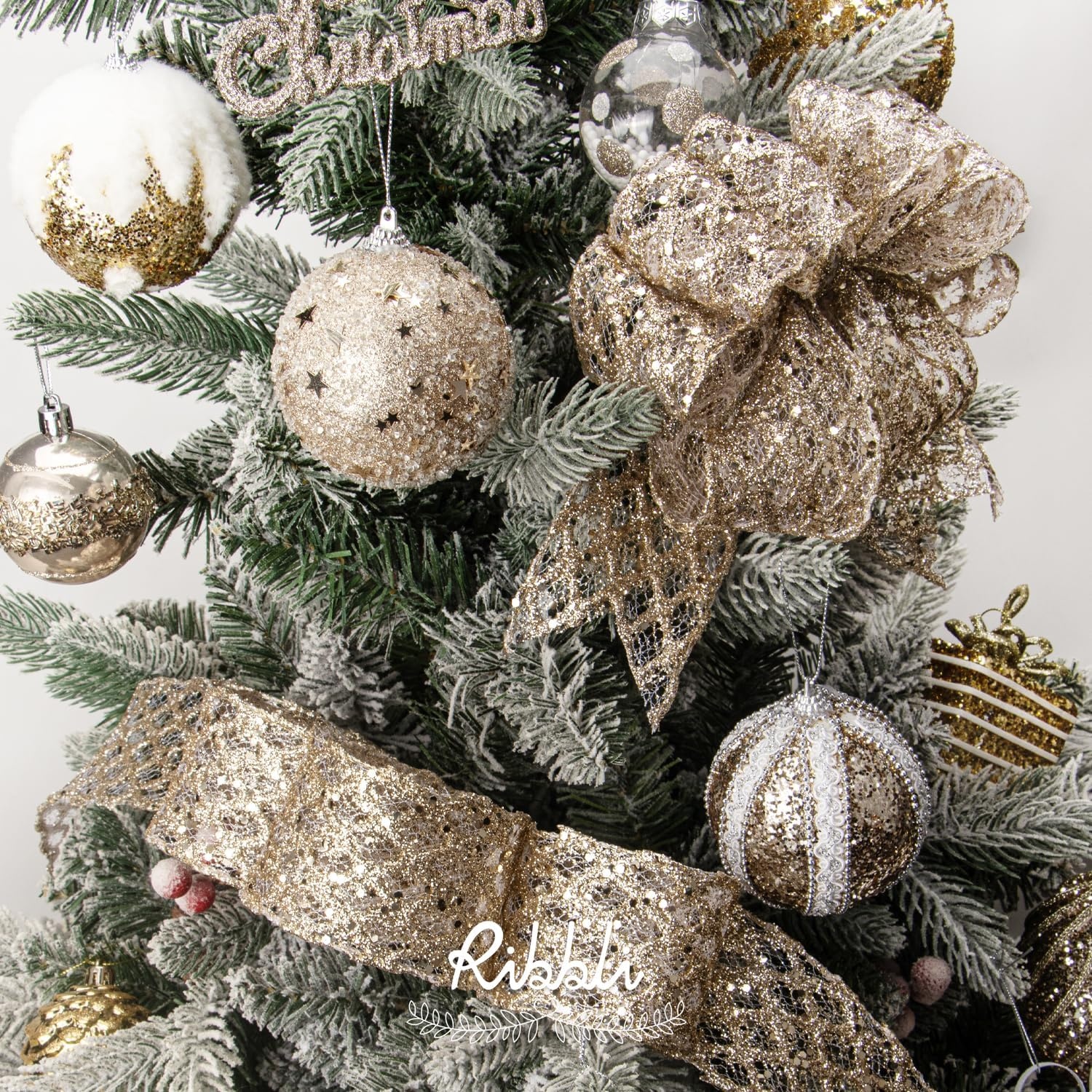 Ribbli White Glitter Wired Ribbon for Christmas Tree Diamond Sparkling 4 Inch x 10 Yard Christmas Wired Ribbon for Crafts Wreath Garland Supplies(Champagne Gold)