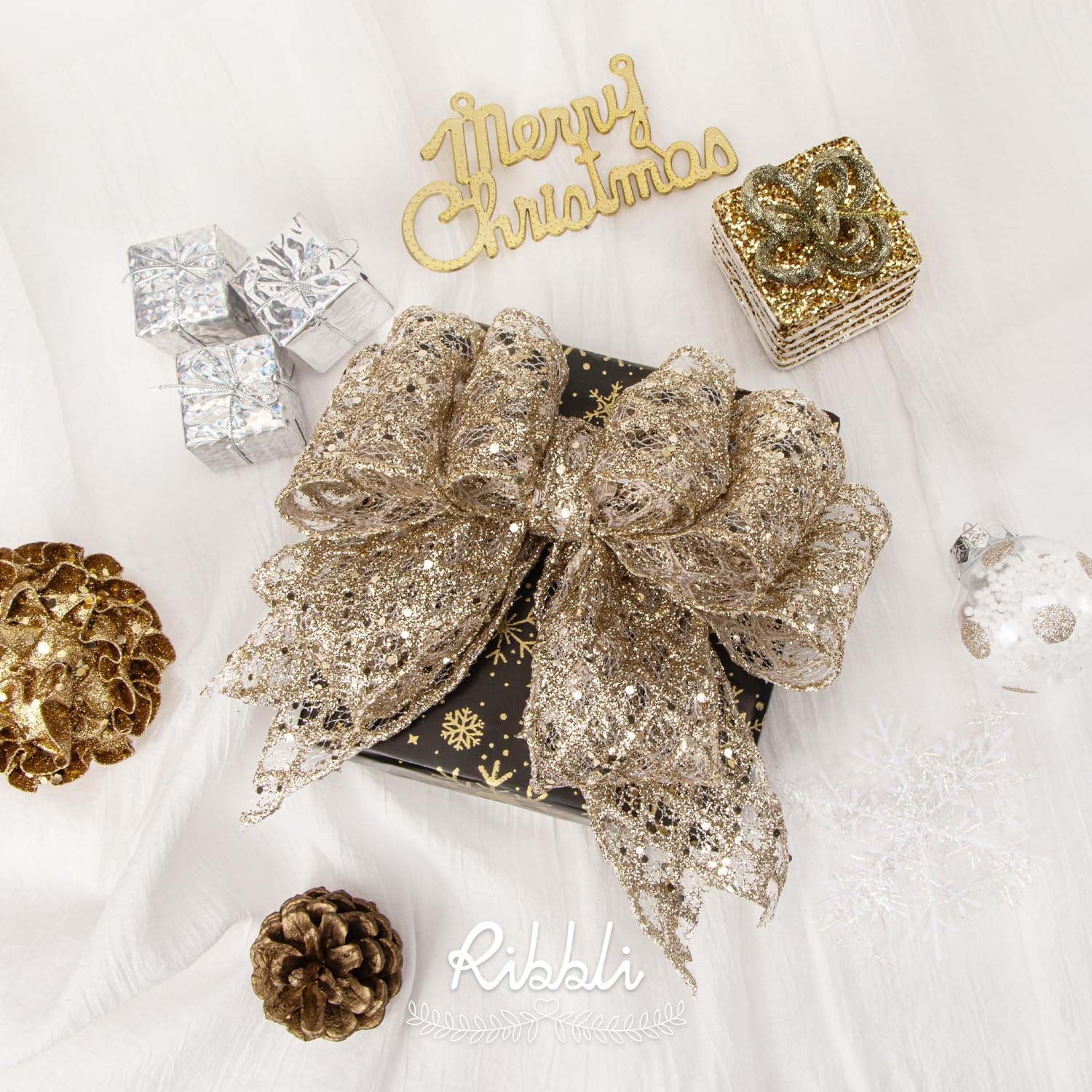 Ribbli White Glitter Wired Ribbon for Christmas Tree Diamond Sparkling 4 Inch x 10 Yard Christmas Wired Ribbon for Crafts Wreath Garland Supplies(Champagne Gold)