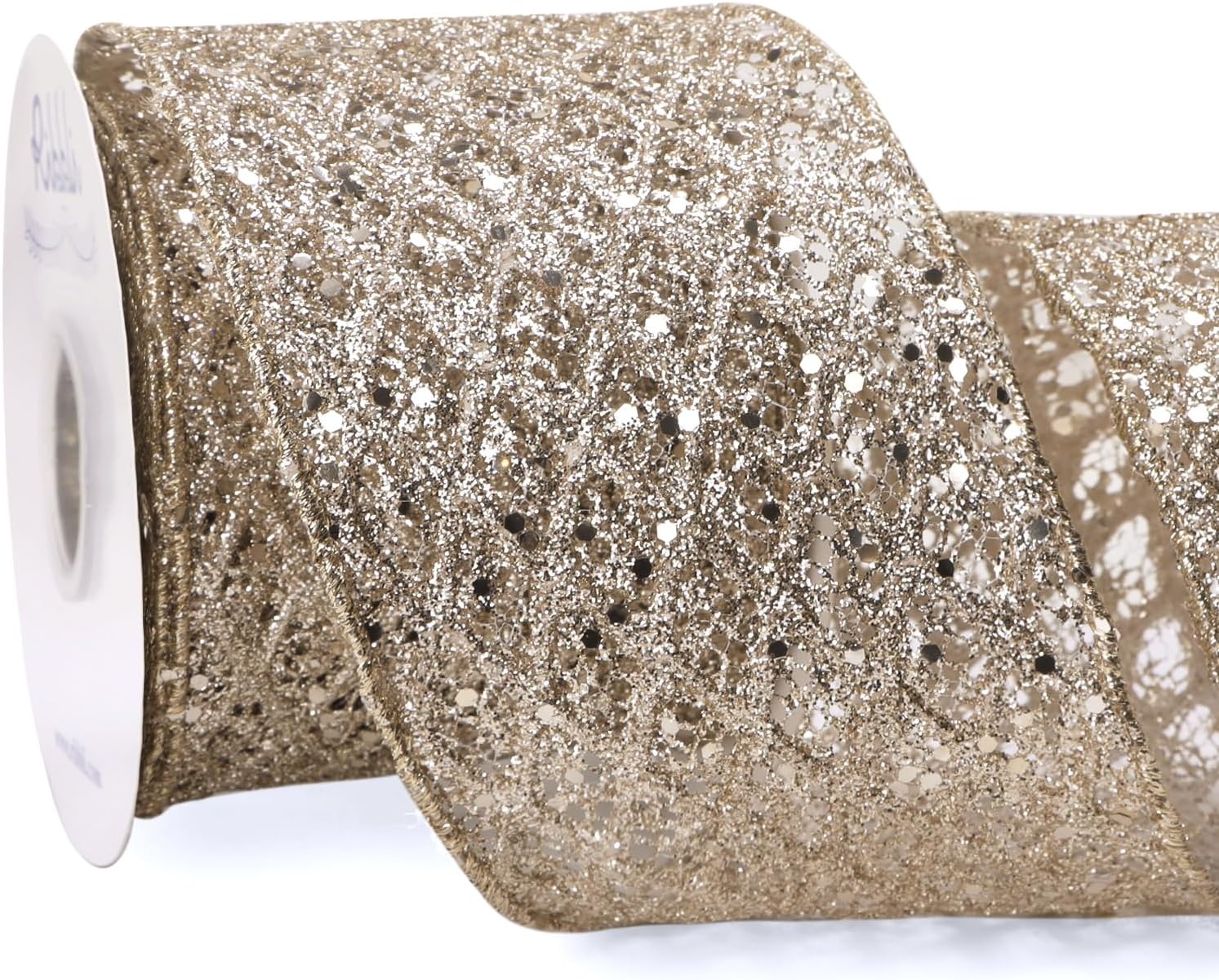 Ribbli White Glitter Wired Ribbon for Christmas Tree Diamond Sparkling 4 Inch x 10 Yard Christmas Wired Ribbon for Crafts Wreath Garland Supplies(Champagne Gold)
