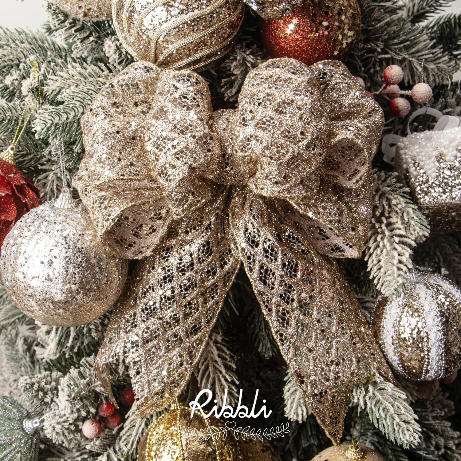 Ribbli White Glitter Wired Ribbon for Christmas Tree Diamond Sparkling 4 Inch x 10 Yard Christmas Wired Ribbon for Crafts Wreath Garland Supplies(Champagne Gold)
