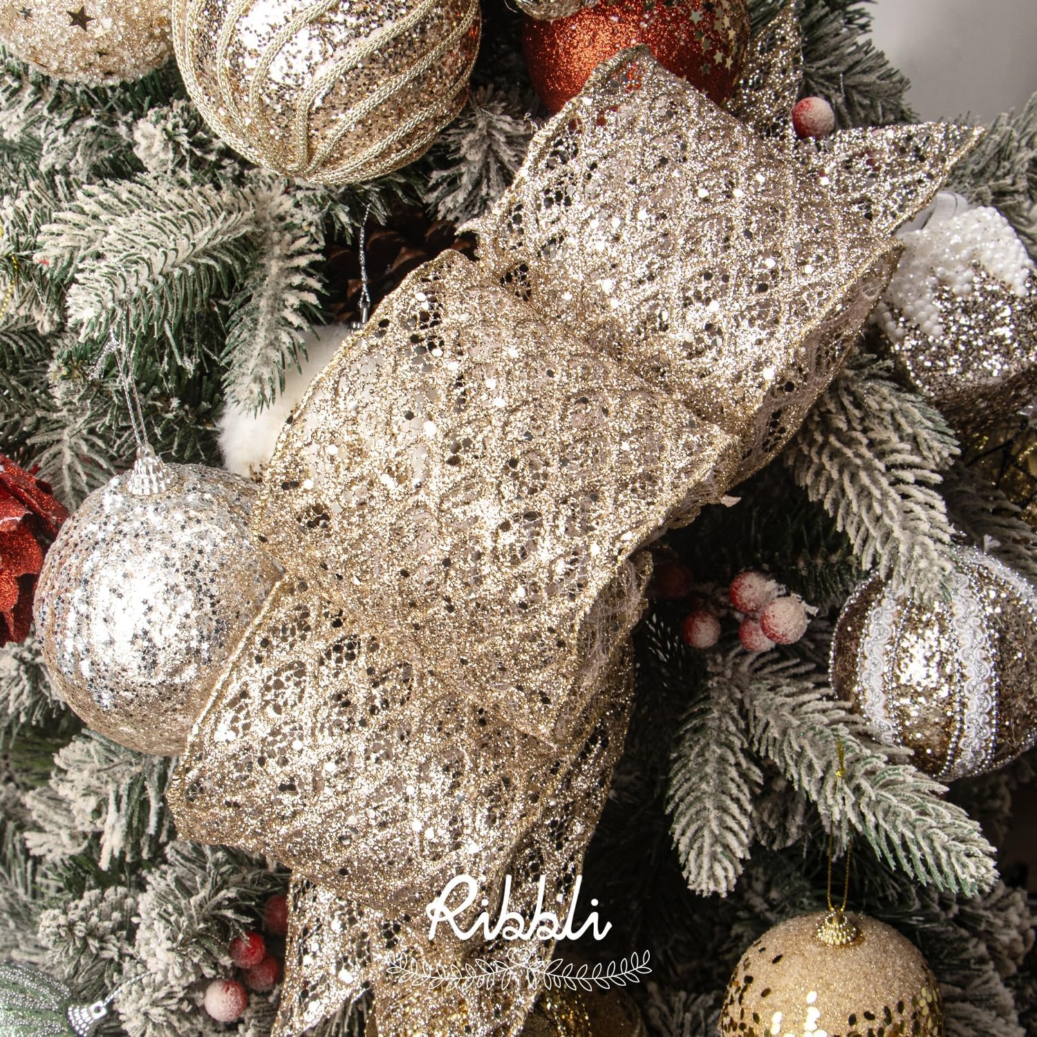 Ribbli White Glitter Wired Ribbon for Christmas Tree Diamond Sparkling 4 Inch x 10 Yard Christmas Wired Ribbon for Crafts Wreath Garland Supplies(Champagne Gold)