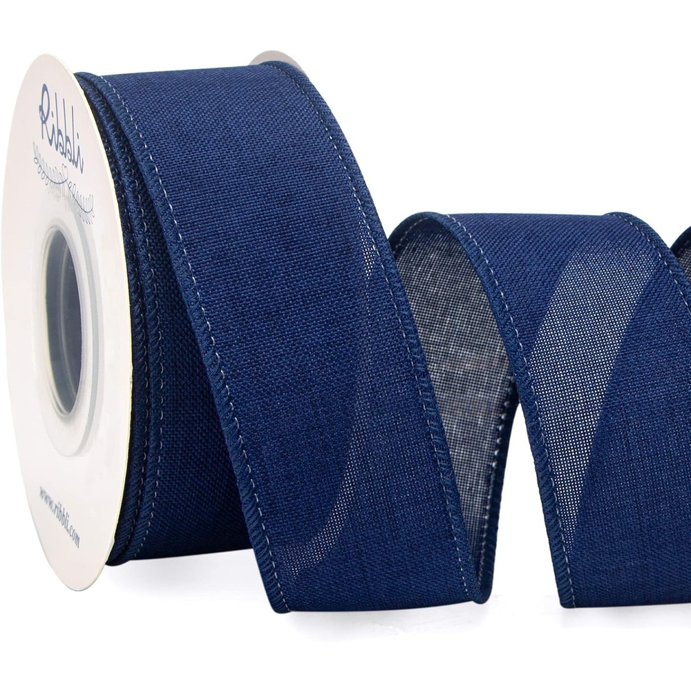 Ribbli Pink Linen Wired Ribbon, 1-1/2 Inch x 10 Yard, Pink Burlap Wired Ribbon for Easter Wreaths, Big Bows, Gift Wrapping, Christmas Tree Decoration(Navy)