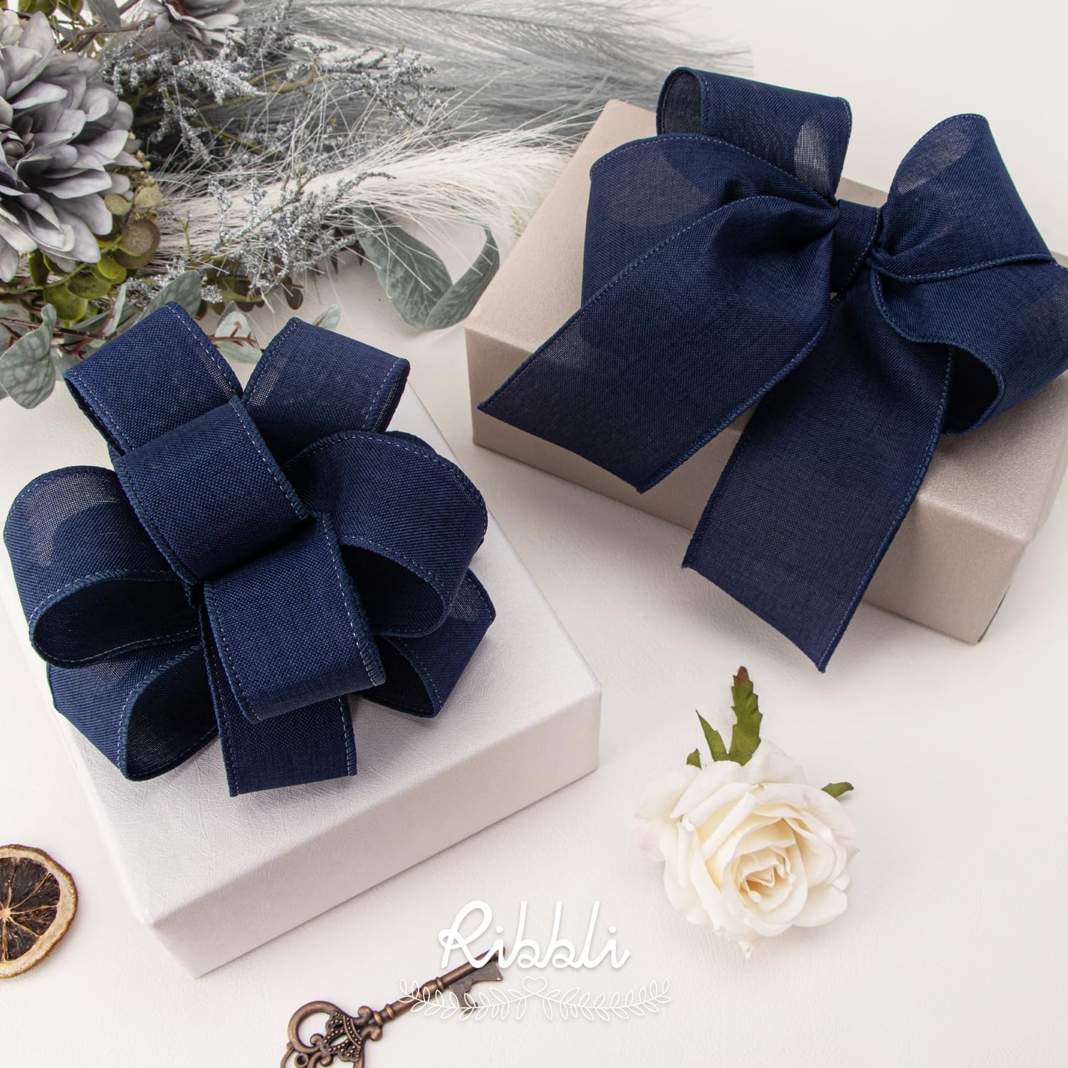 Ribbli Pink Linen Wired Ribbon, 1-1/2 Inch x 10 Yard, Pink Burlap Wired Ribbon for Easter Wreaths, Big Bows, Gift Wrapping, Christmas Tree Decoration(Navy)