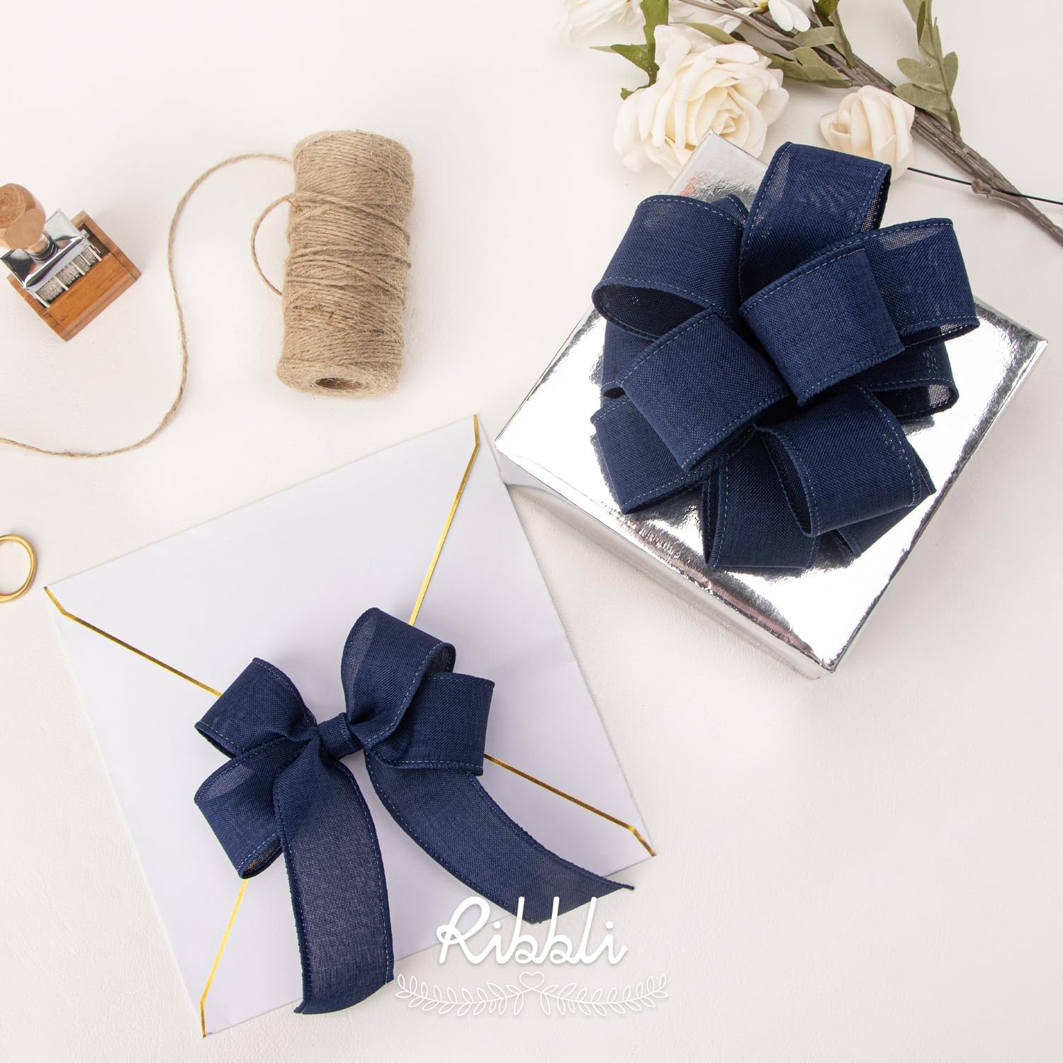 Ribbli Pink Linen Wired Ribbon, 1-1/2 Inch x 10 Yard, Pink Burlap Wired Ribbon for Easter Wreaths, Big Bows, Gift Wrapping, Christmas Tree Decoration(Navy)