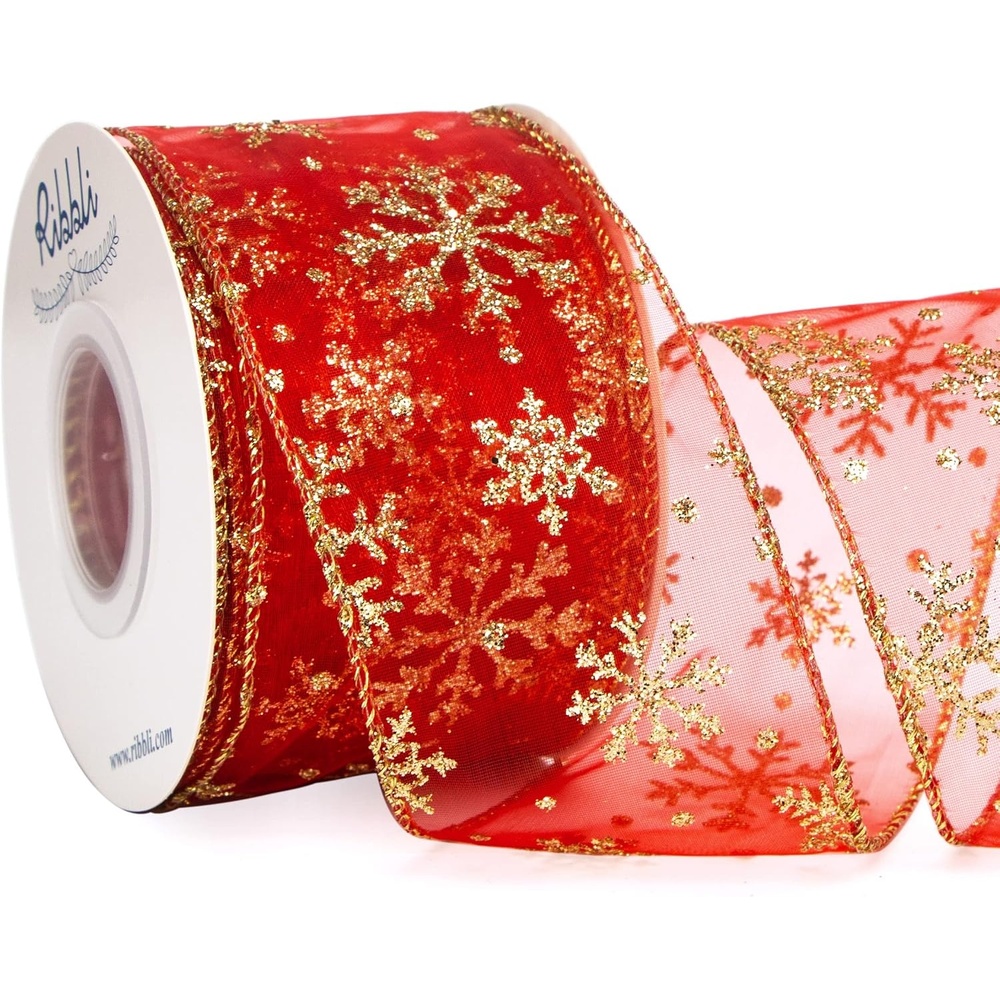 Ribbli Snowflake Glitter Wired Ribbon,Turquoise Blue Organza Sheer with Silver Glitter Snowflake Pattern and Silver Metallic Edge,2-1/2 Inch x 10 Yards Christmas Ribbon for Tree Decoration(Red/Gold)
