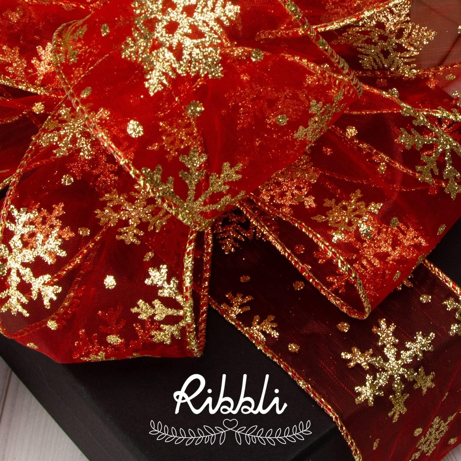 Ribbli Snowflake Glitter Wired Ribbon,Turquoise Blue Organza Sheer with Silver Glitter Snowflake Pattern and Silver Metallic Edge,2-1/2 Inch x 10 Yards Christmas Ribbon for Tree Decoration(Red/Gold)
