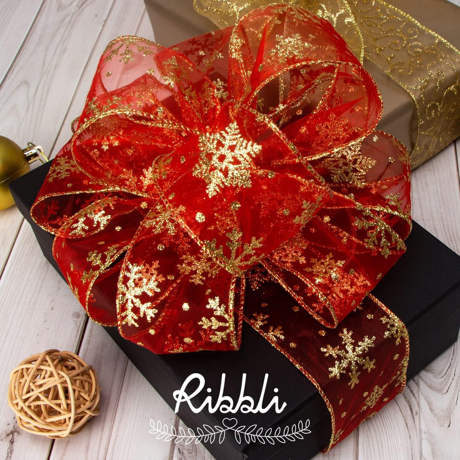Ribbli Snowflake Glitter Wired Ribbon,Turquoise Blue Organza Sheer with Silver Glitter Snowflake Pattern and Silver Metallic Edge,2-1/2 Inch x 10 Yards Christmas Ribbon for Tree Decoration(Red/Gold)