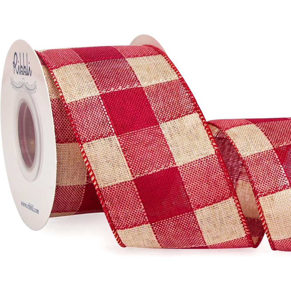 Ribbli Christmas Plaid Wired Ribbon, Green Blue Plaid Ribbon 1-1/2 Inch x Continuous 10 Yard, Christmas Ribbon for Gift Wrapping, Big Bow, Wreath(Vintage Red/Beige)