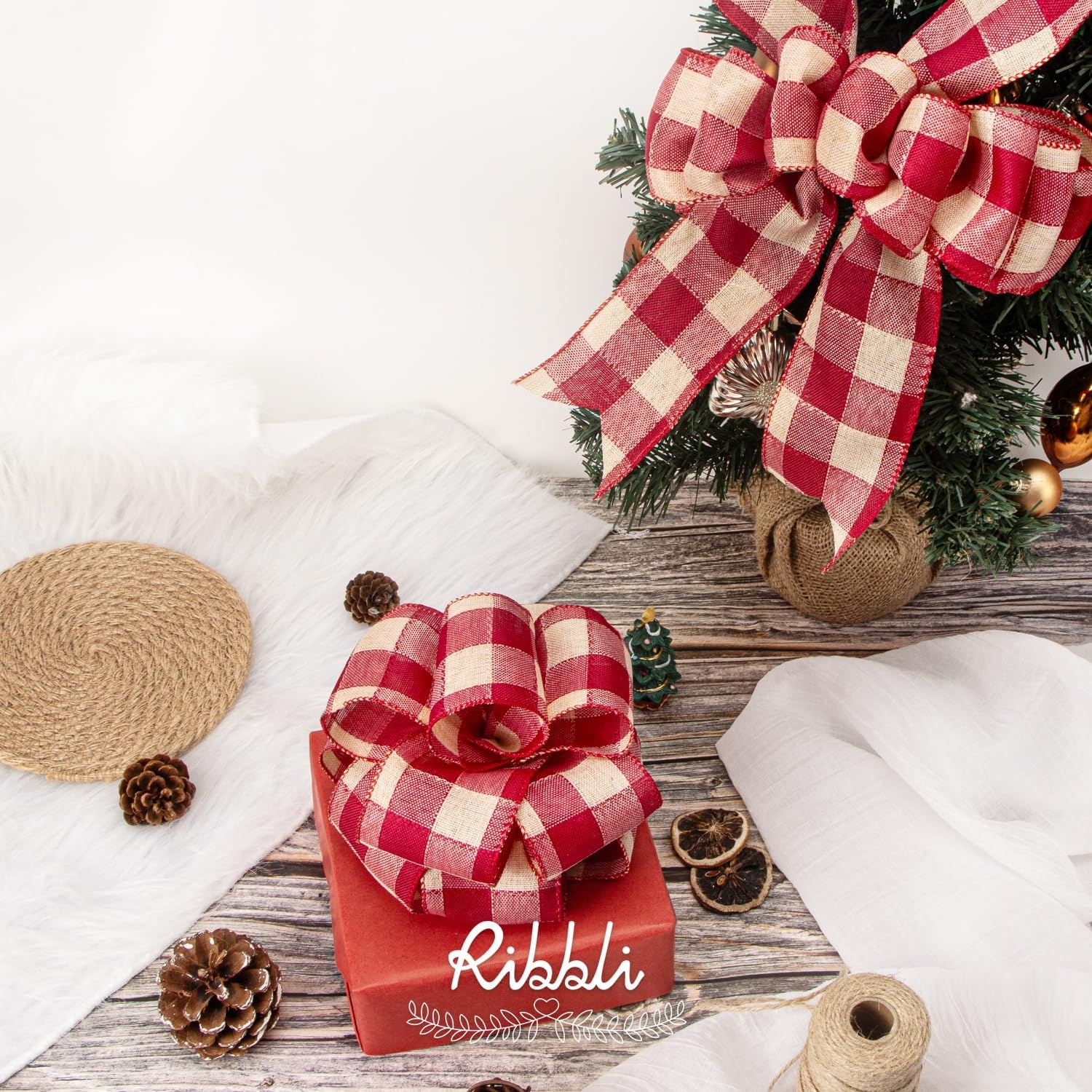 Ribbli Christmas Plaid Wired Ribbon, Green Blue Plaid Ribbon 1-1/2 Inch x Continuous 10 Yard, Christmas Ribbon for Gift Wrapping, Big Bow, Wreath(Vintage Red/Beige)