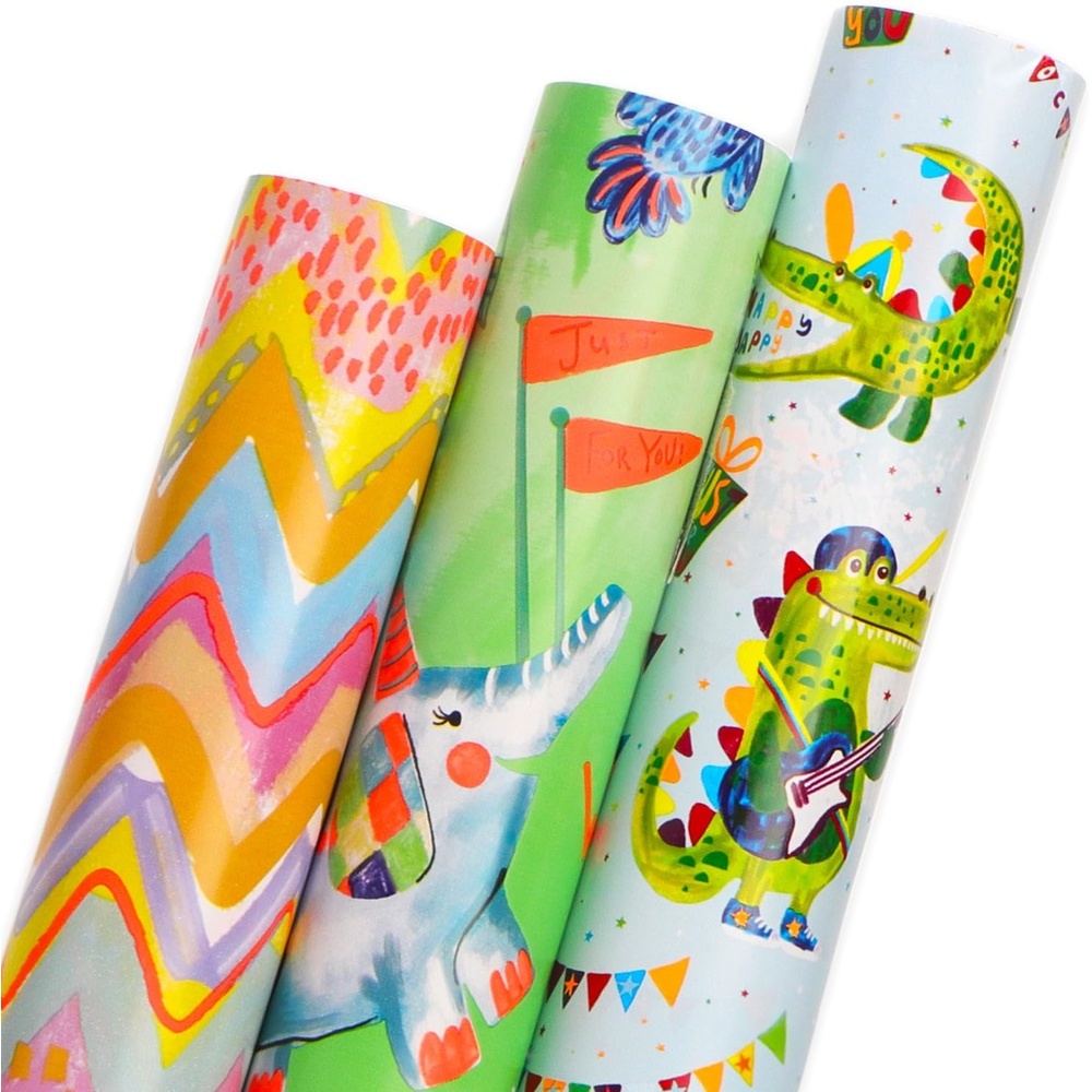Ribbli Dinosaur Birthday Wrapping Paper 3 Rolls Happy Birthday Dinosaur Balloon Printed Wrapping Paper for Boys- Mini Roll 17 inch x 120 inch(10feet) Per Roll(Jungle Green)