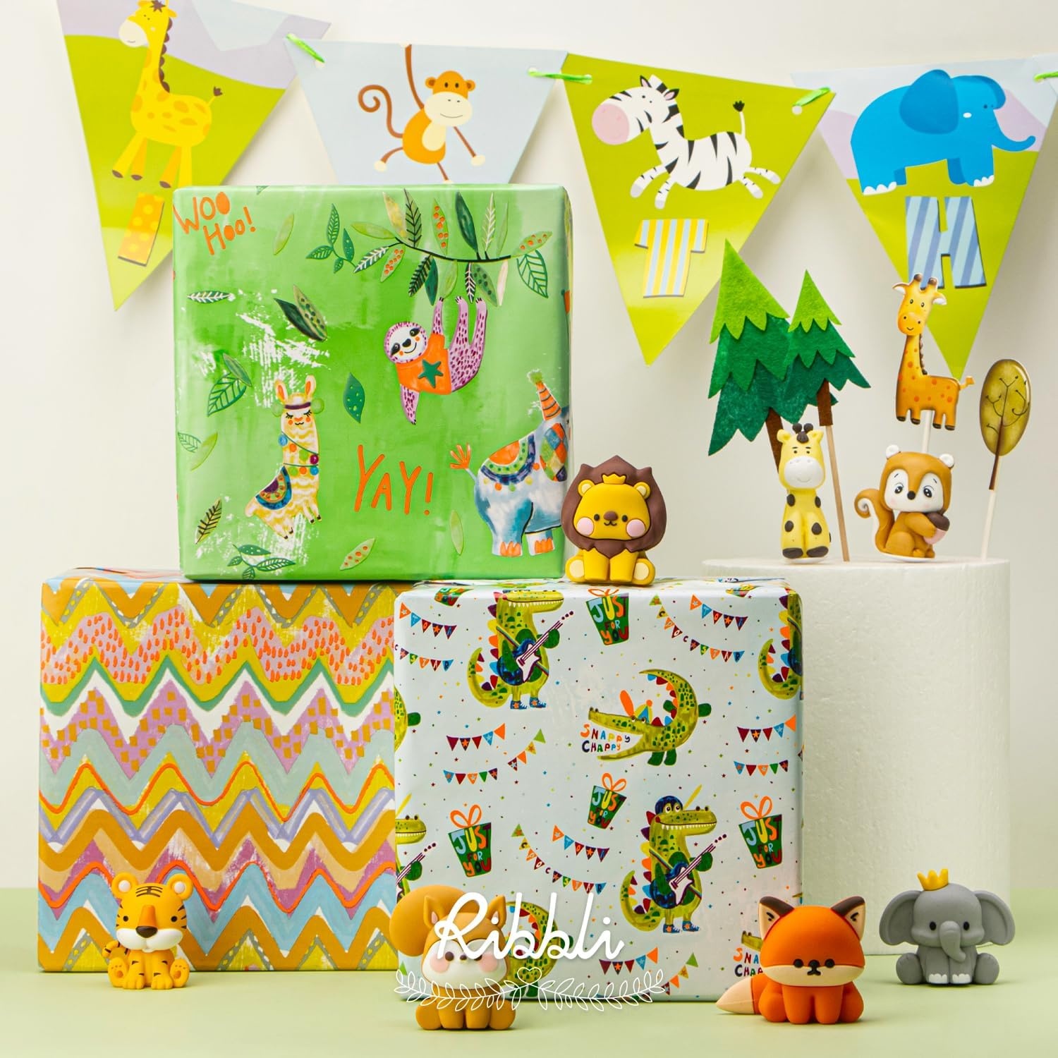 Ribbli Dinosaur Birthday Wrapping Paper 3 Rolls Happy Birthday Dinosaur Balloon Printed Wrapping Paper for Boys- Mini Roll 17 inch x 120 inch(10feet) Per Roll(Jungle Green)