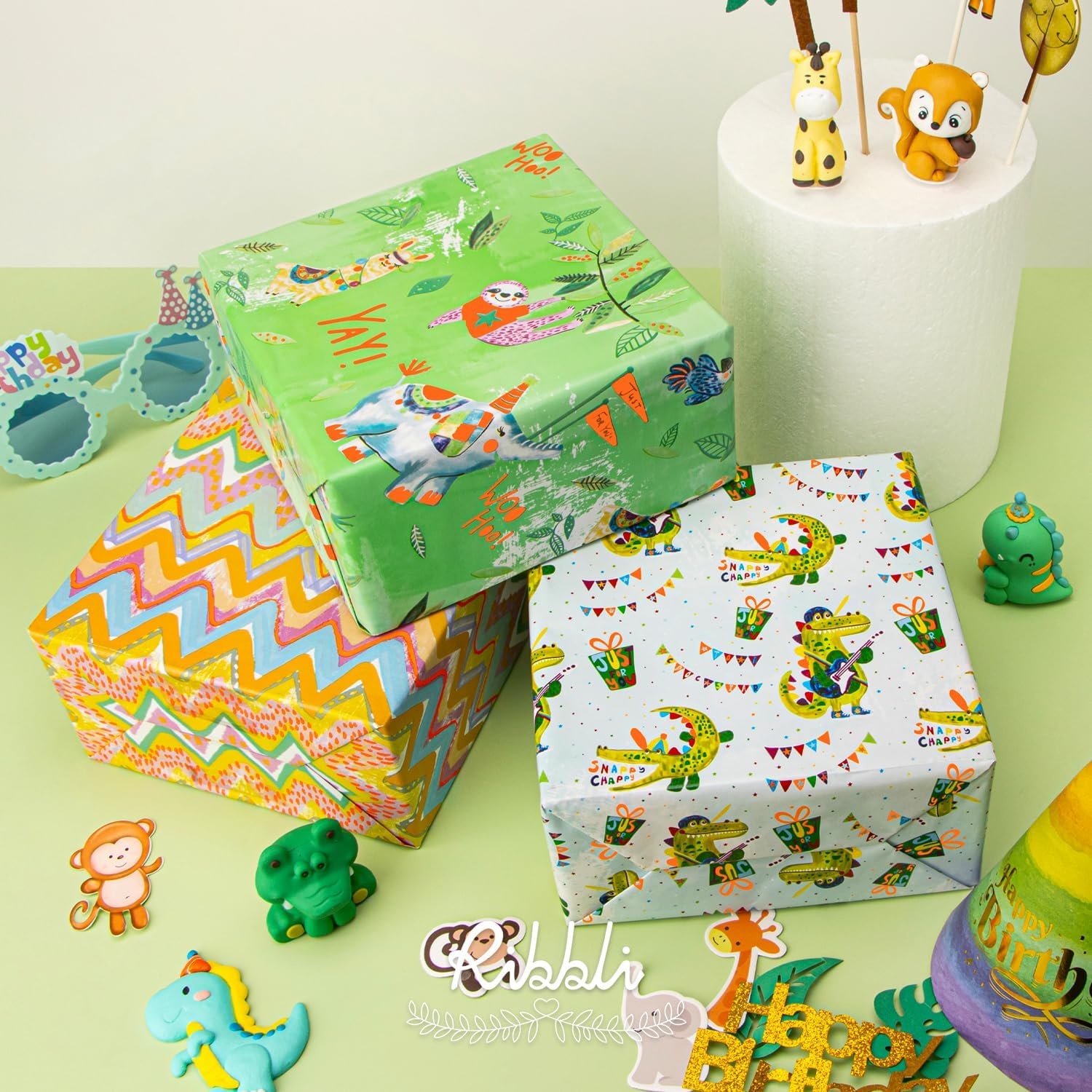 Ribbli Dinosaur Birthday Wrapping Paper 3 Rolls Happy Birthday Dinosaur Balloon Printed Wrapping Paper for Boys- Mini Roll 17 inch x 120 inch(10feet) Per Roll(Jungle Green)