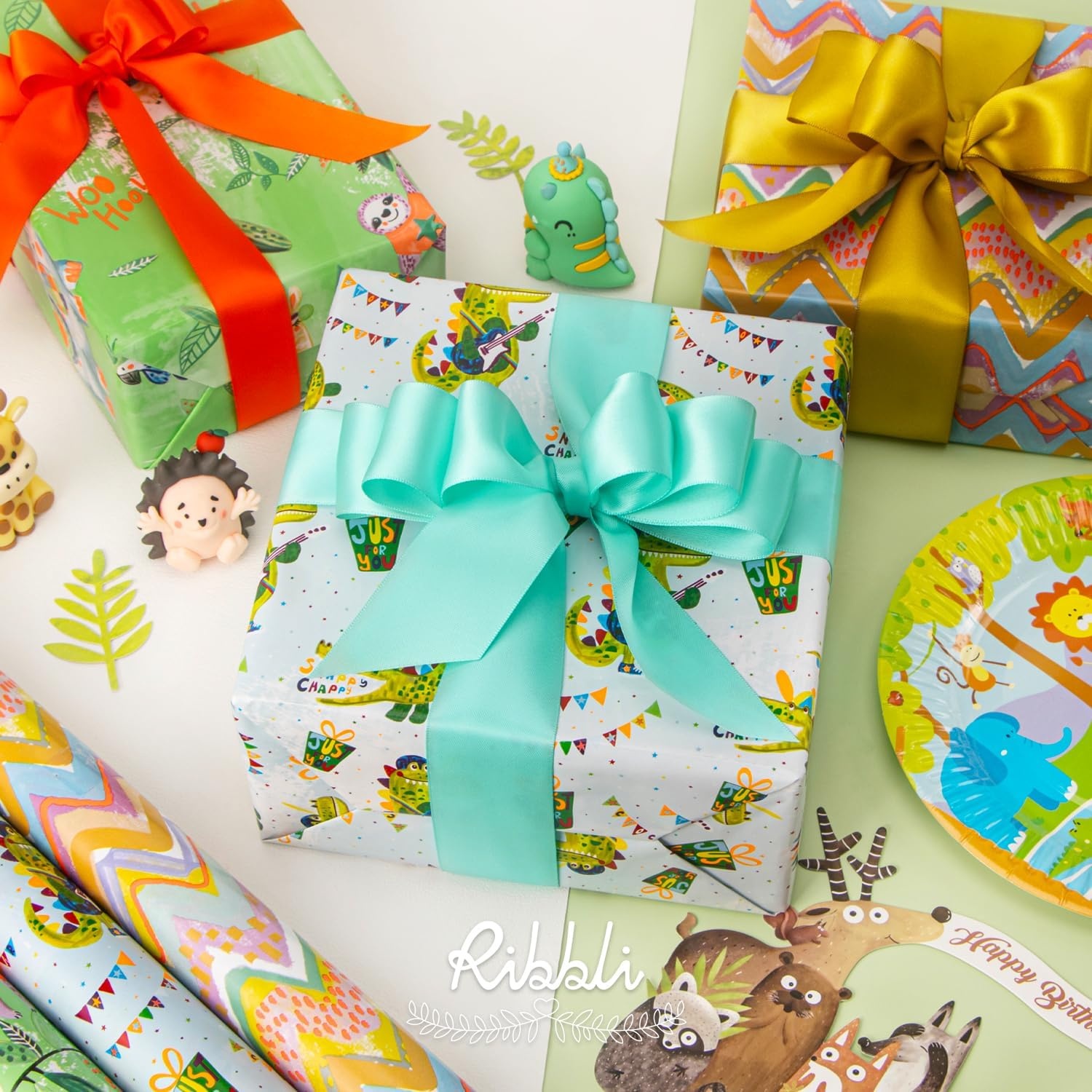 Ribbli Dinosaur Birthday Wrapping Paper 3 Rolls Happy Birthday Dinosaur Balloon Printed Wrapping Paper for Boys- Mini Roll 17 inch x 120 inch(10feet) Per Roll(Jungle Green)