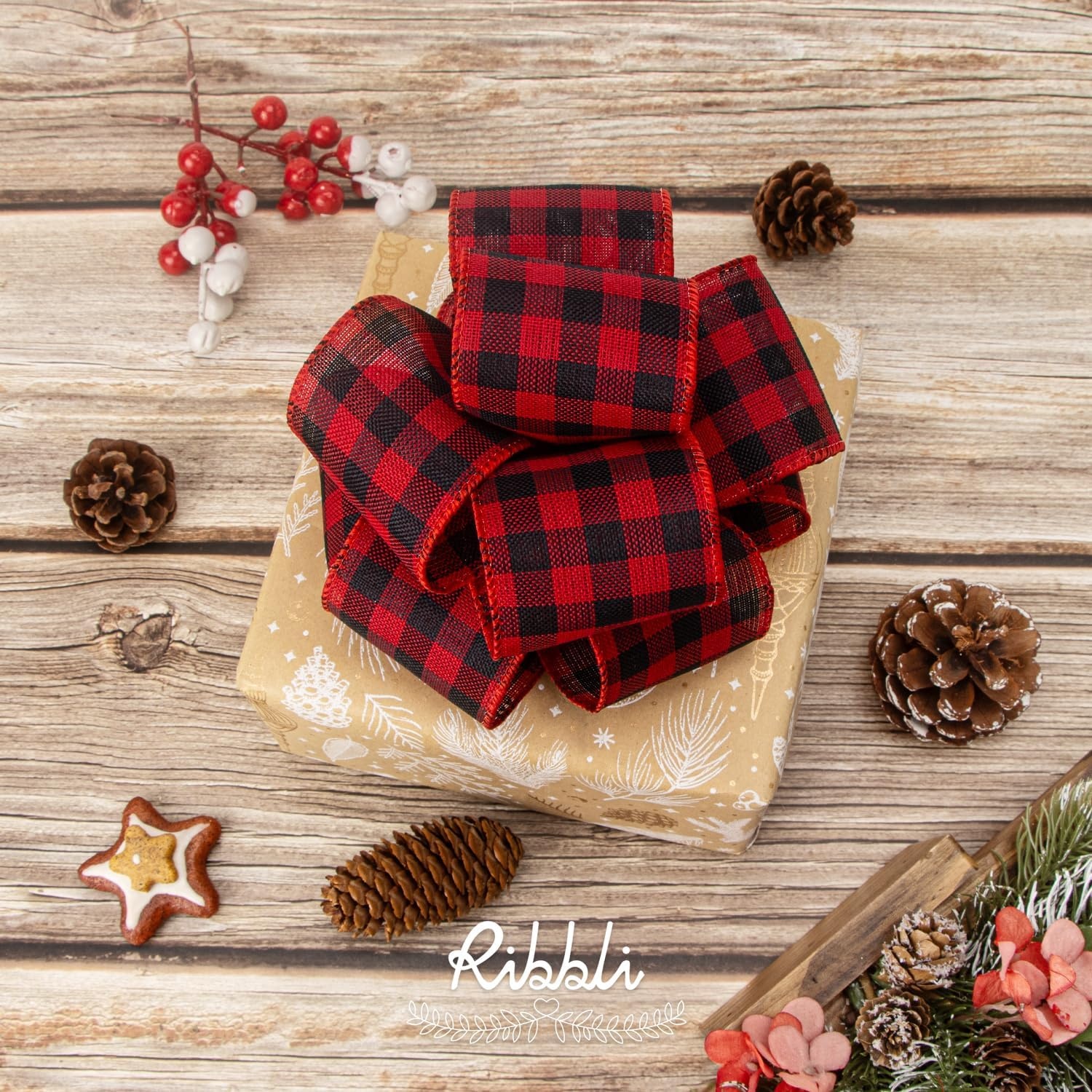 Ribbli Red and Black Wired Ribbon, 2-1/2 Inch x 10 Yard,Buffalo Plaid Burlap, Christmas Ribbon for Big Bow,Wreath,Tree Decoration,Outdoor Decoration(Red/Black)