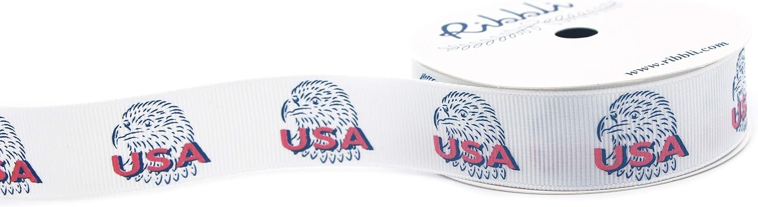 Ribbli Grosgrain USA Eagle Patriotic Ribbon,7/8-Inch x 10-Yard,Red/Blue/White,Use for Hair Bows,Wreaths,Veteran’s Day, 4th of July,Gift Wrapping,Party Decoration