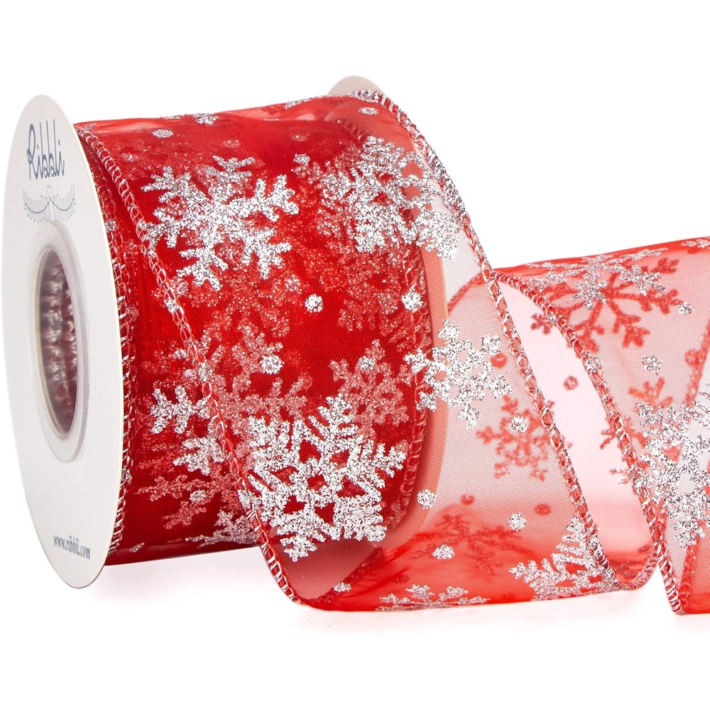 Ribbli Snowflake Glitter Wired Ribbon,Turquoise Blue Organza Sheer with Silver Glitter Snowflake Pattern and Silver Metallic Edge,2-1/2 Inch x 10 Yards Christmas Ribbon for Tree Decoration(Red/Silver)