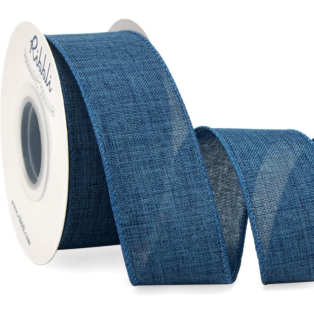 Ribbli Pink Linen Wired Ribbon, 1-1/2 Inch x 10 Yard, Pink Burlap Wired Ribbon for Easter Wreaths, Big Bows, Gift Wrapping, Christmas Tree Decoration(Denim Blue)