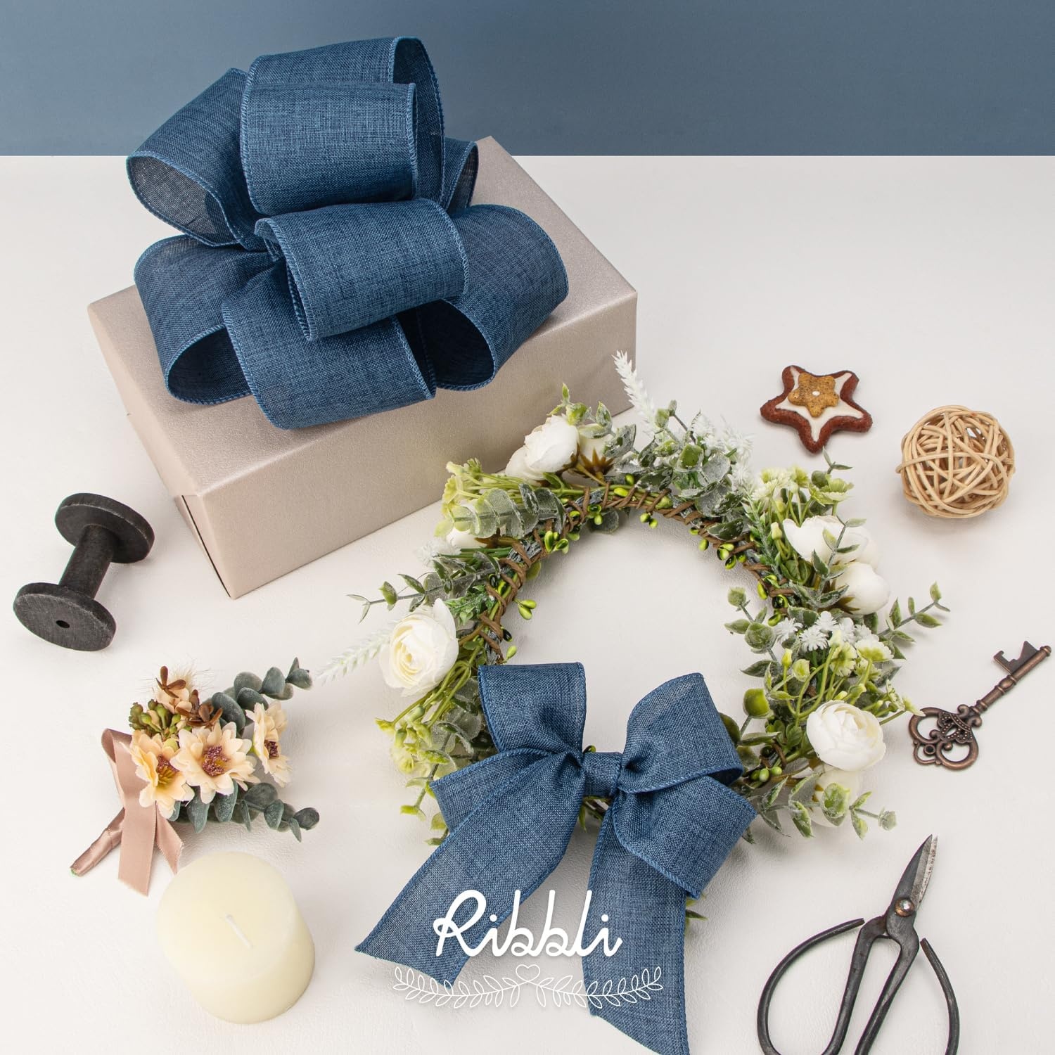 Ribbli Pink Linen Wired Ribbon, 1-1/2 Inch x 10 Yard, Pink Burlap Wired Ribbon for Easter Wreaths, Big Bows, Gift Wrapping, Christmas Tree Decoration(Denim Blue)
