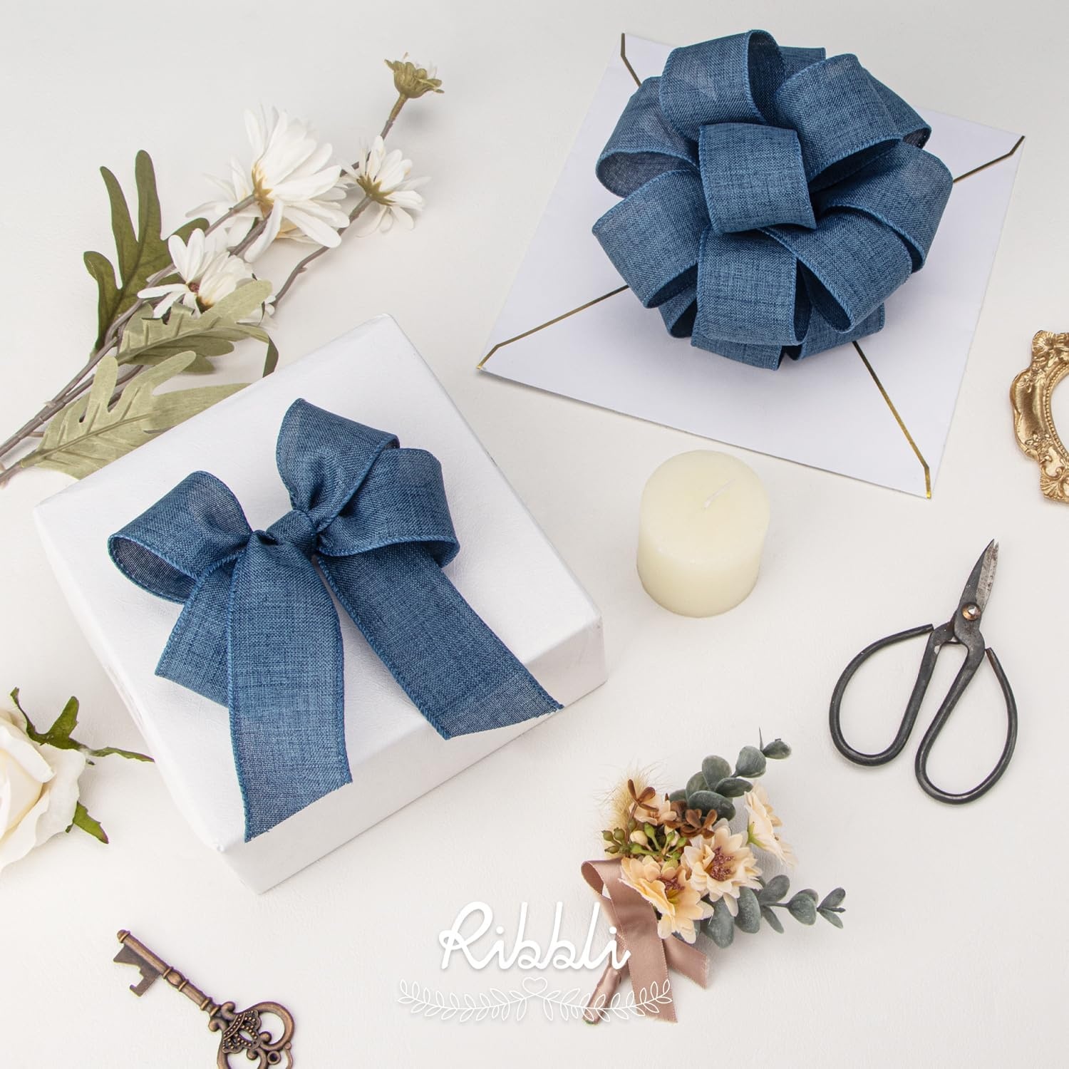 Ribbli Pink Linen Wired Ribbon, 1-1/2 Inch x 10 Yard, Pink Burlap Wired Ribbon for Easter Wreaths, Big Bows, Gift Wrapping, Christmas Tree Decoration(Denim Blue)