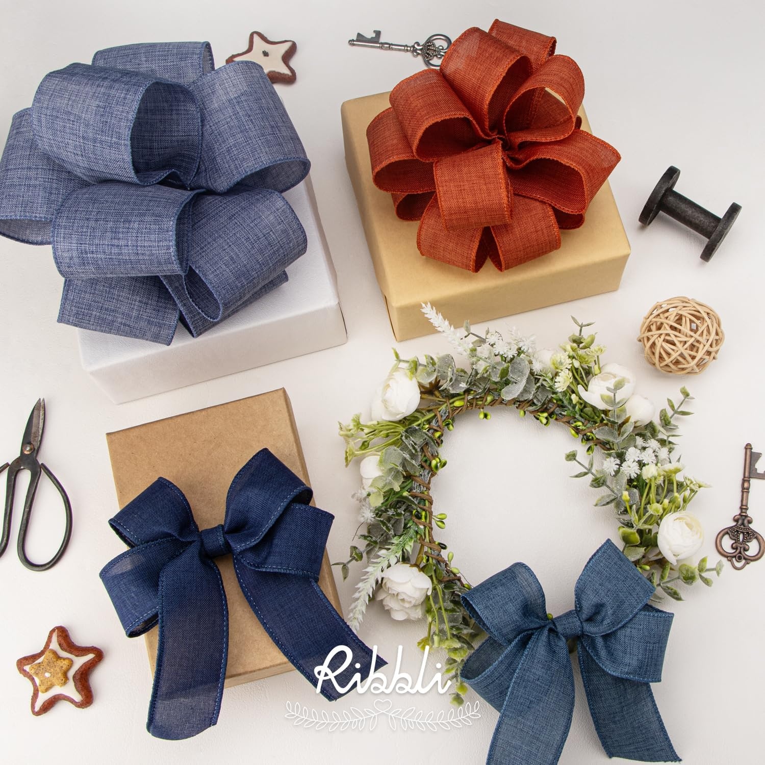 Ribbli Pink Linen Wired Ribbon, 1-1/2 Inch x 10 Yard, Pink Burlap Wired Ribbon for Easter Wreaths, Big Bows, Gift Wrapping, Christmas Tree Decoration(Denim Blue)