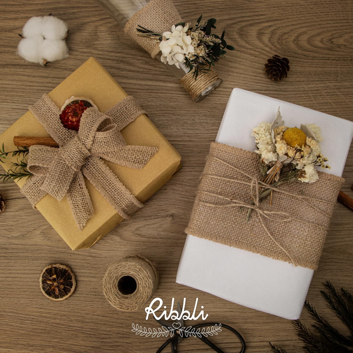 Ribbli Jute Burlap Ribbon 4 Inch x 10 Yard,Natural Solid Ribbon for Crafts,Gift Wrapping,Wreath,Tree Decoration,Outdoor Decoration(Non-Wired)(4inch)
