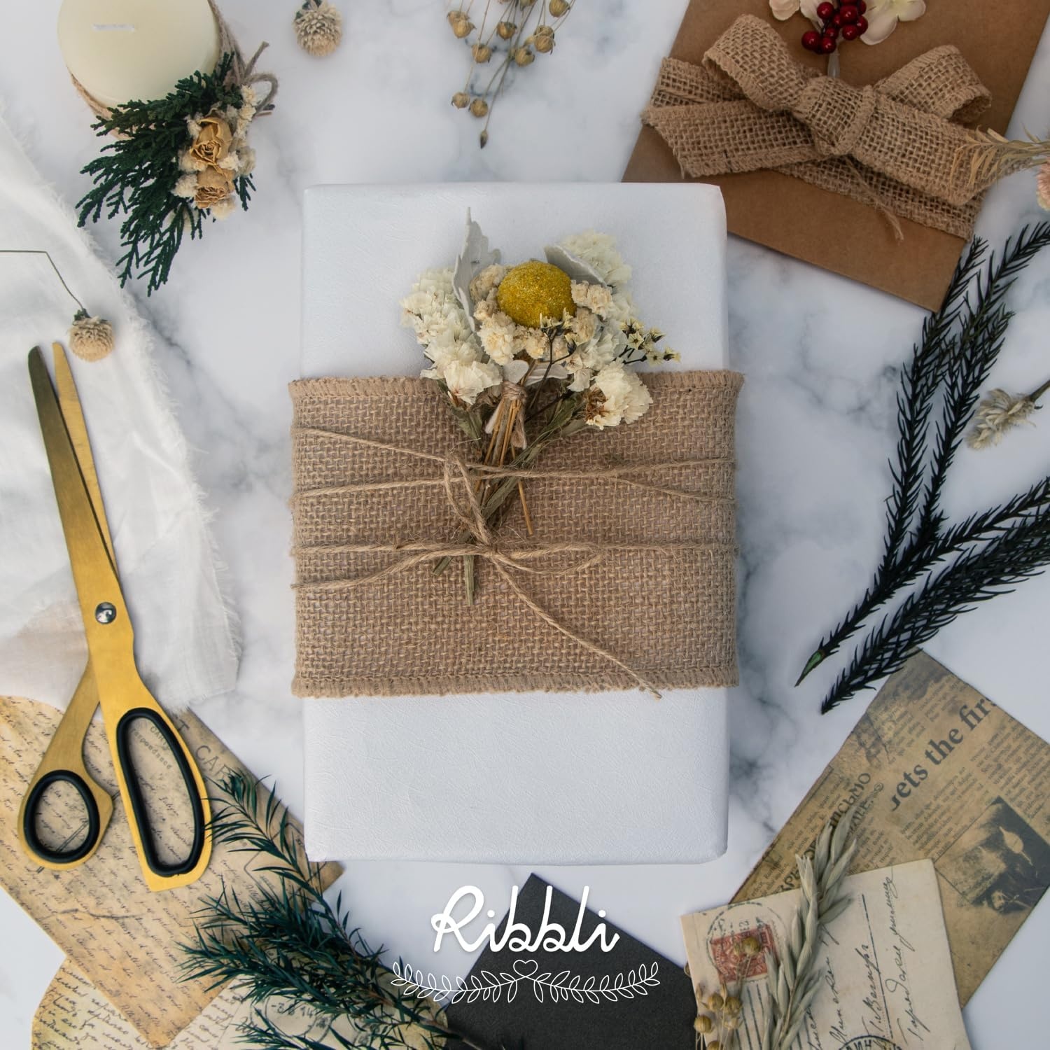 Ribbli Jute Burlap Ribbon 4 Inch x 10 Yard,Natural Solid Ribbon for Crafts,Gift Wrapping,Wreath,Tree Decoration,Outdoor Decoration(Non-Wired)(4inch)