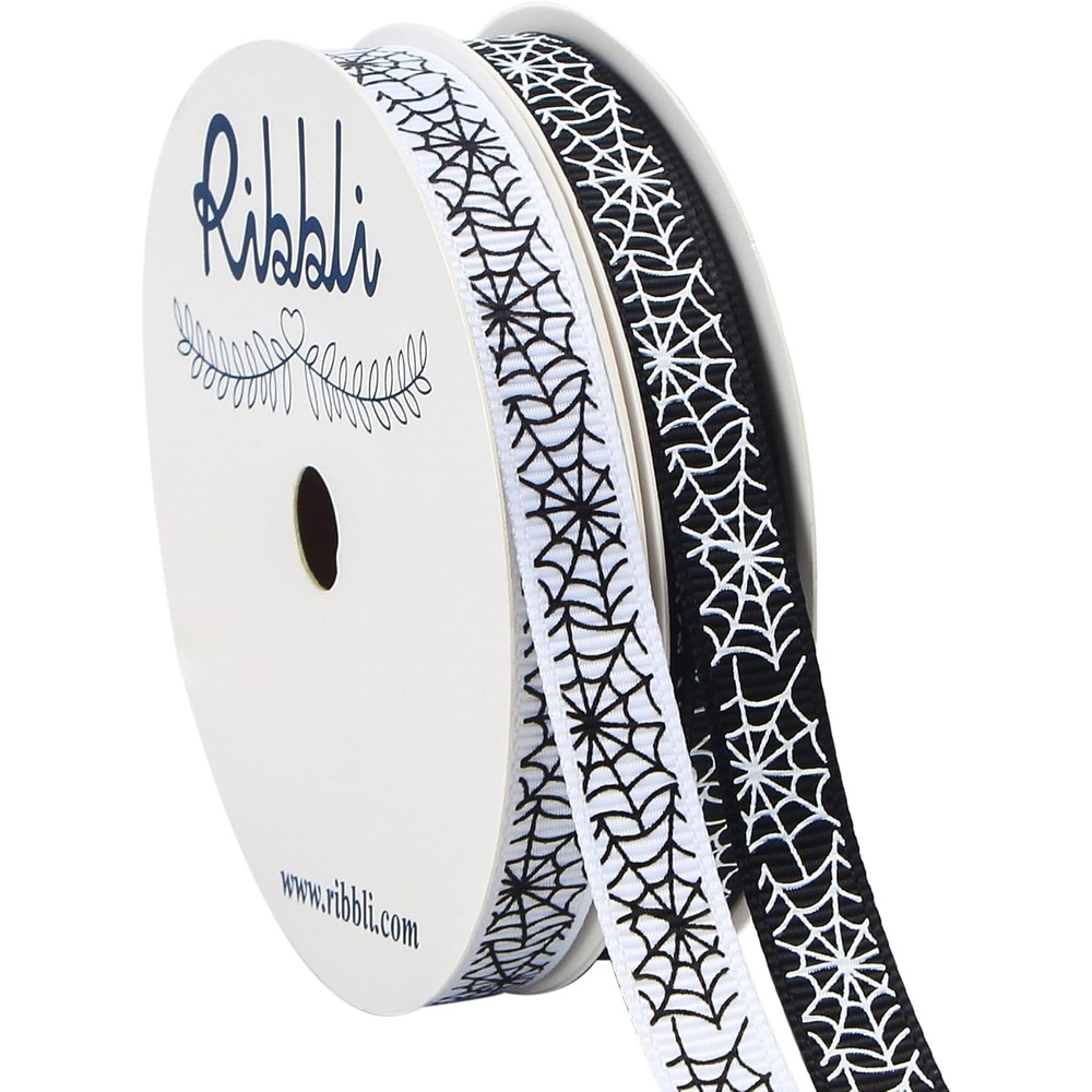 Ribbli 2 Rolls Halloween Grosgrain Ribbon,Spider Web Use for Craft,Halloween Wrapping,Home Decor,3/8 Inch Total 20 Yards,Black/White(White/Black)