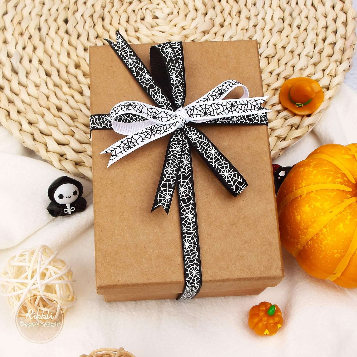 Ribbli 2 Rolls Halloween Grosgrain Ribbon,Spider Web Use for Craft,Halloween Wrapping,Home Decor,3/8 Inch Total 20 Yards,Black/White(White/Black)