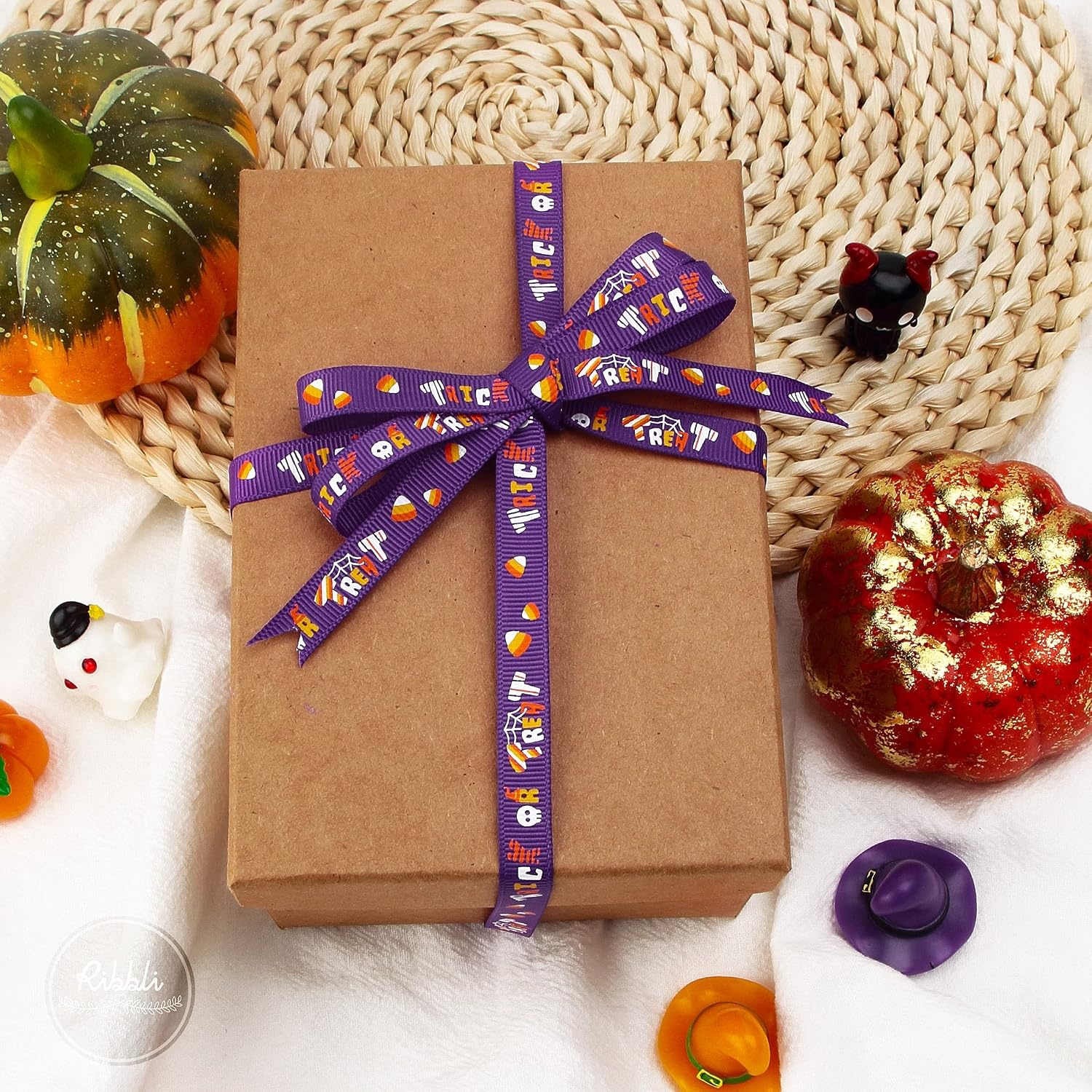 Ribbli Grosgrain Halloween Ribbon – Ghost Decor, 3/8 Inches x 10 Yards, Black/White(Purple/Orange)