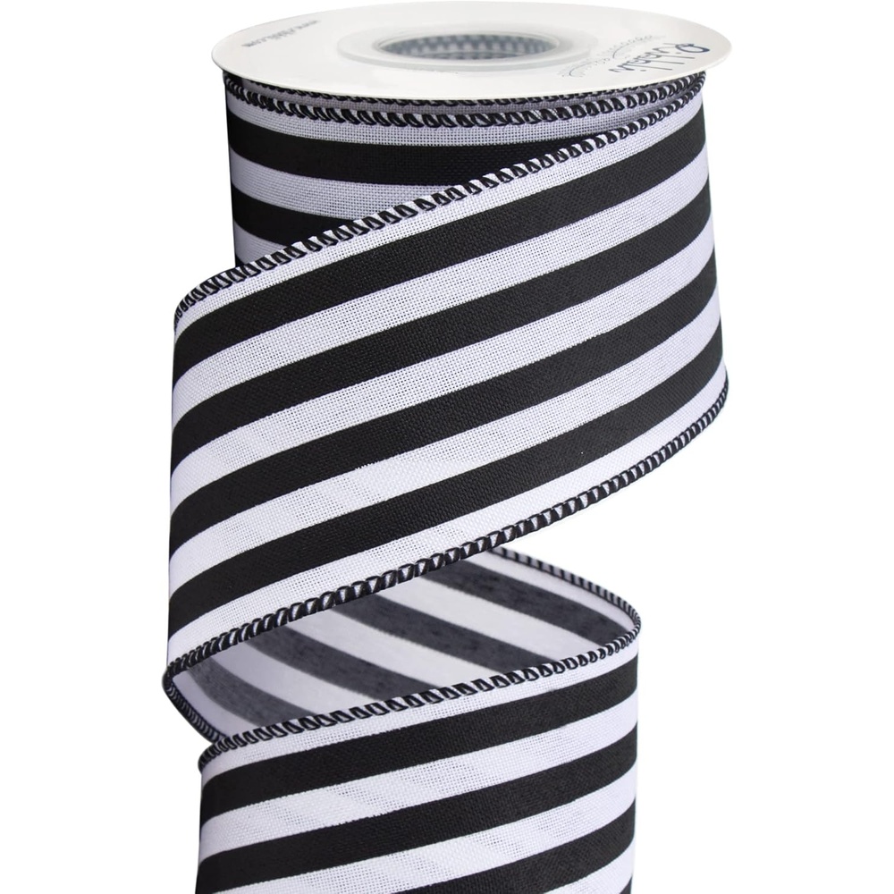 Ribbli Black and White Wide Stripe Wired Burlap Ribbon,2-1/2 Inch x 10 Yard(Black/White)