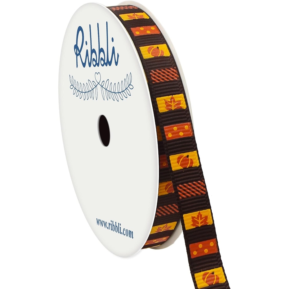 Ribbli Grosgrain Fall Ribbon,Pumpkins & Maple Leaf Stripe Ribbon Use for Autumn Craft,Thanksgiving Gift Wrapping,Home Decor,3/8 Inches x 10 Yards,Yellow/Orange/Brown(Brown/Orange)
