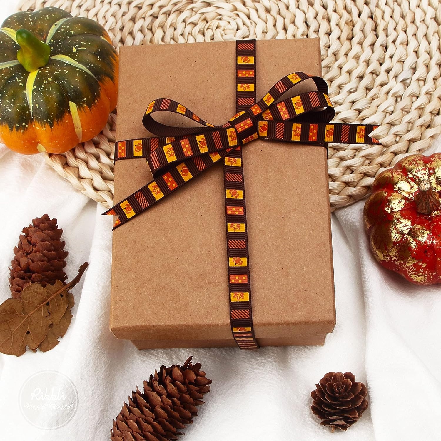 Ribbli Grosgrain Fall Ribbon,Pumpkins & Maple Leaf Stripe Ribbon Use for Autumn Craft,Thanksgiving Gift Wrapping,Home Decor,3/8 Inches x 10 Yards,Yellow/Orange/Brown(Brown/Orange)