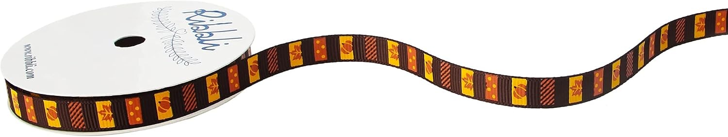 Ribbli Grosgrain Fall Ribbon,Pumpkins & Maple Leaf Stripe Ribbon Use for Autumn Craft,Thanksgiving Gift Wrapping,Home Decor,3/8 Inches x 10 Yards,Yellow/Orange/Brown(Brown/Orange)