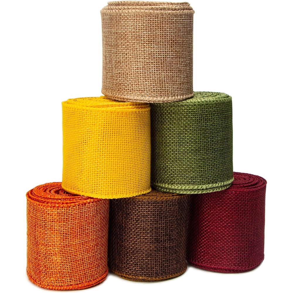 Ribbli Fall Burlap Ribbon,Natural/Yellow/Orange/Sage/Brown/Burgundy Burlap Wired Ribbon,2 Inch x 6 Colors Total 30 Yard, Fall Wired Ribbon for Big Bow,Wreath,Outdoor Decoration(2.5 inch)